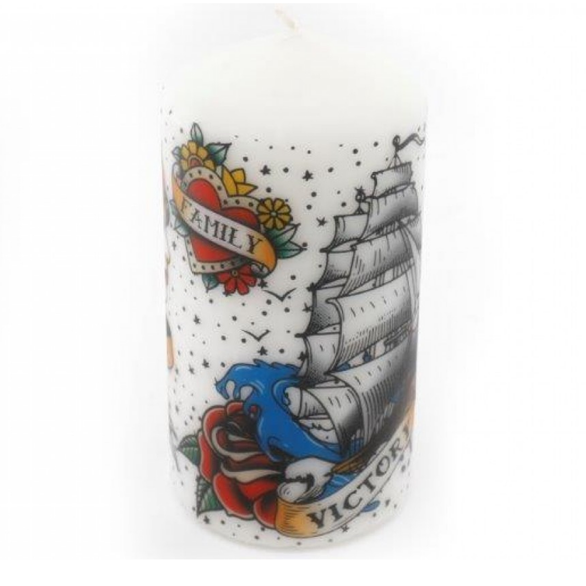 Tattoo Design Pillar Candle (Ship Side) | Happy Piranha