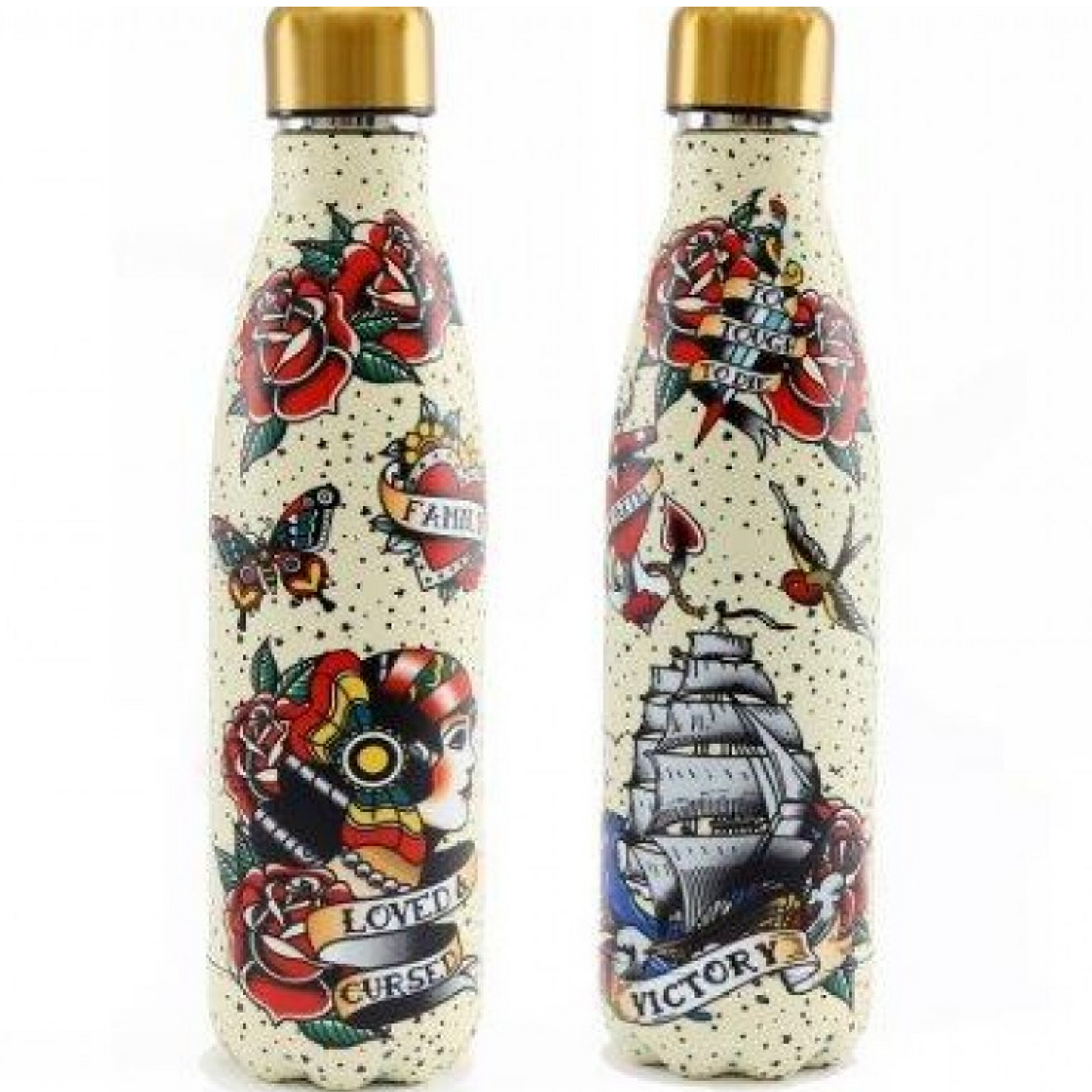 Classic Tattoo Design Metal Water Bottle | Happy Piranha