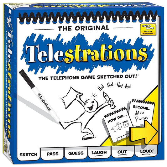 Telestrations Board Game Front of Box | Happy Piranha