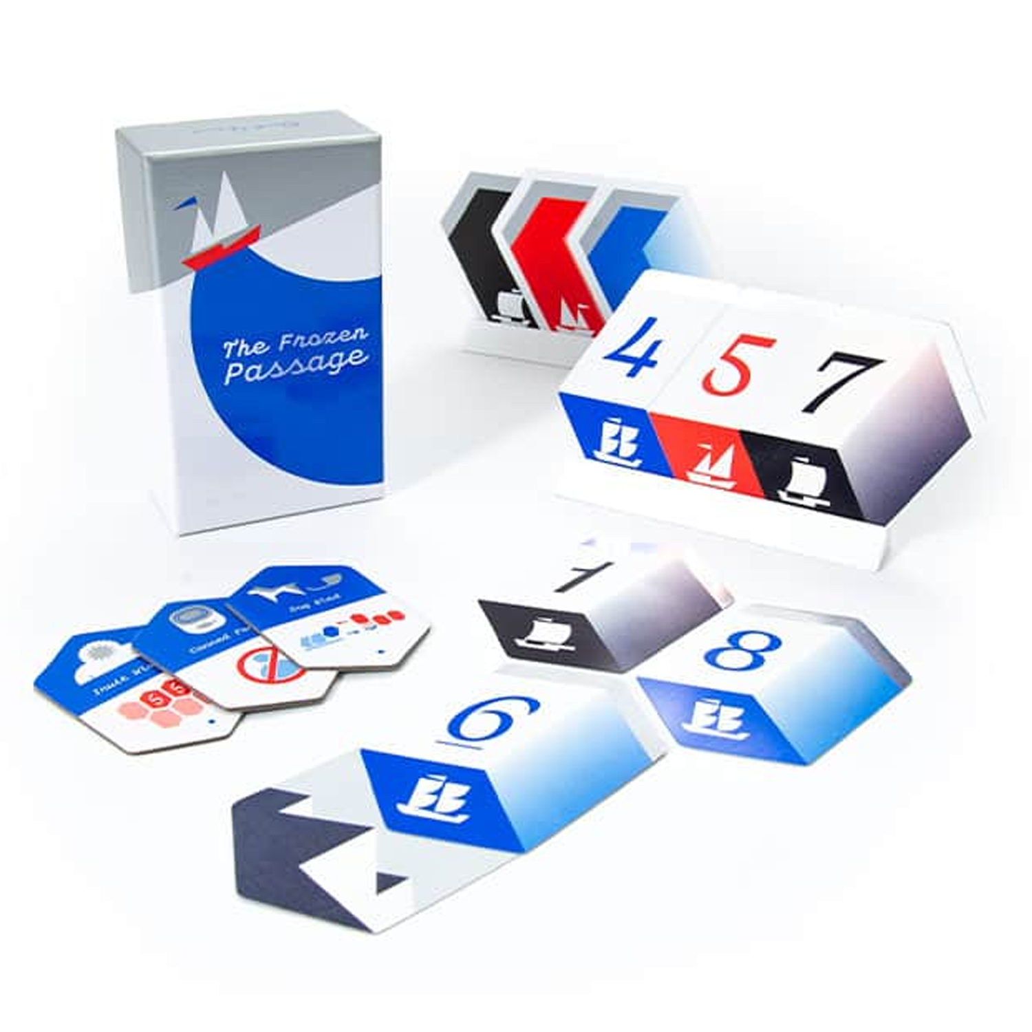 The Frozen Passage Board Game (Front of Box and Components) on a White Background | Happy Piranha