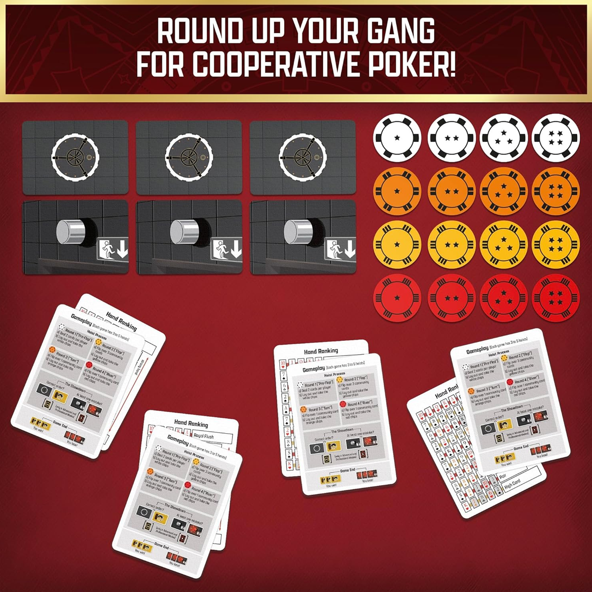 The Gang: A Cooperative Poker Game Infographic Showing Card and Poker Chip Examples Lined Up in Rows Red Background | Happy Piranha