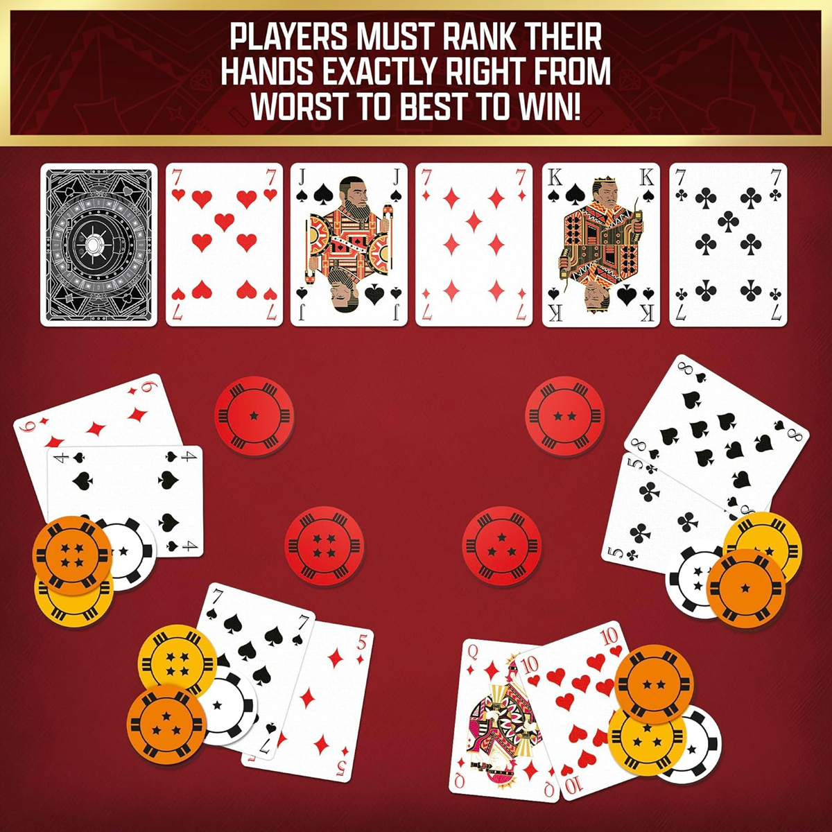 The Gang: A Cooperative Poker Game Infographic Showing Playing Cards and Poker Chips on a Red Background | Happy Piranha