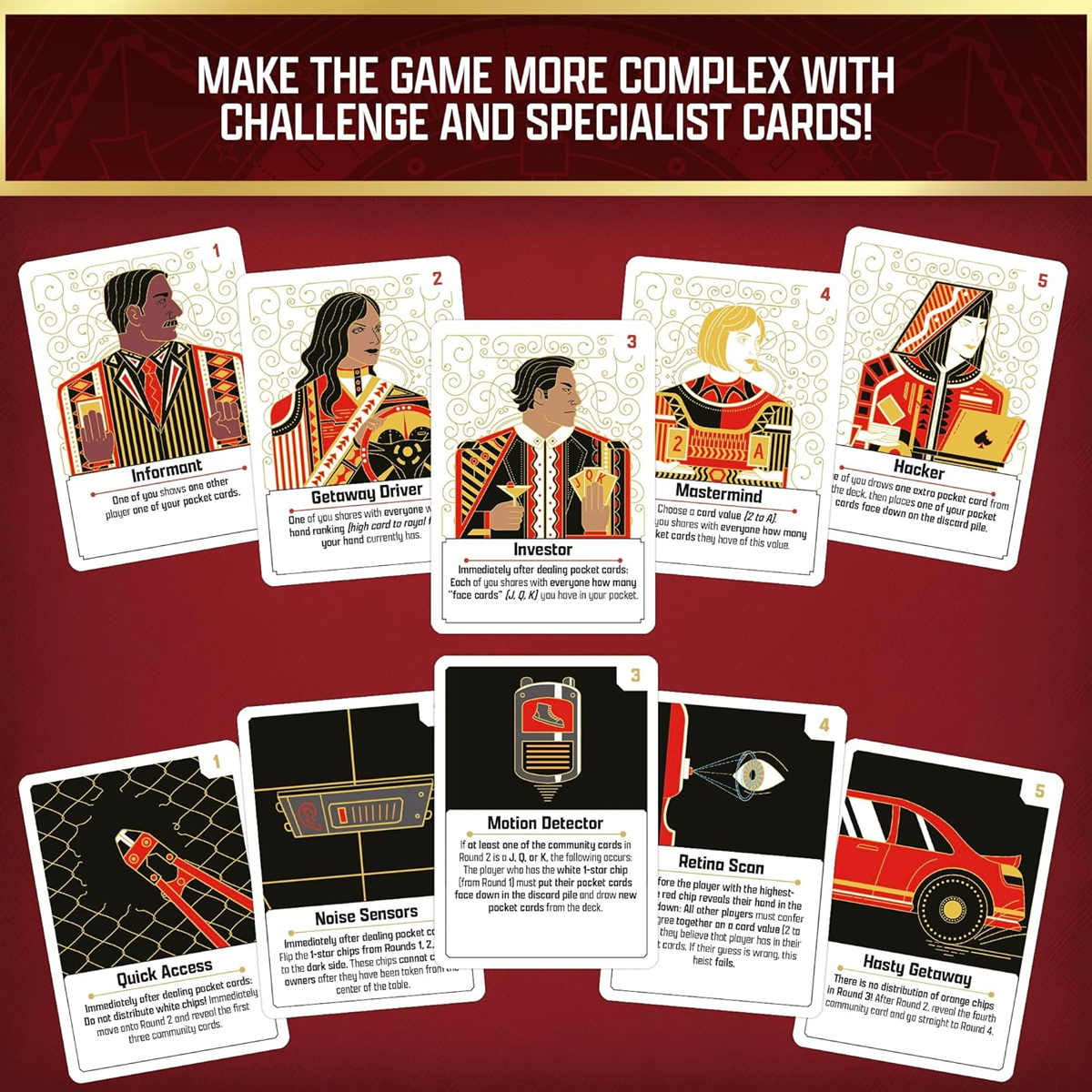 The Gang: A Cooperative Poker Game Infographic Showing Special Ability Cards on a Red Background | Happy Piranha