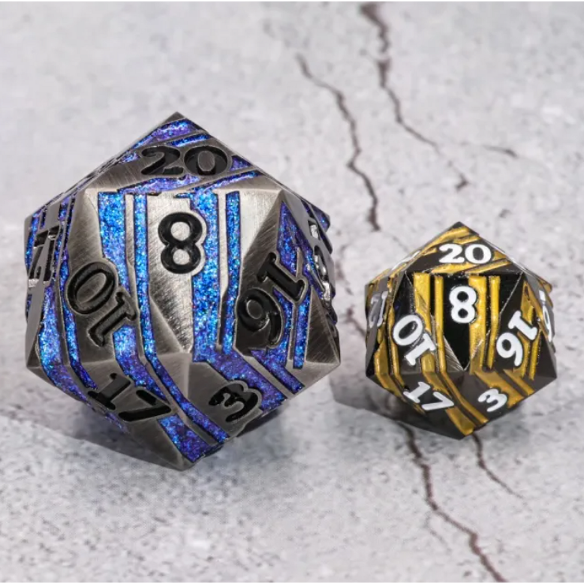 Sapphire Titan D20 - Premium Extra Large Metal 20 Sided Dice (Blue) Beside a Regular D20 | Happy Piranha