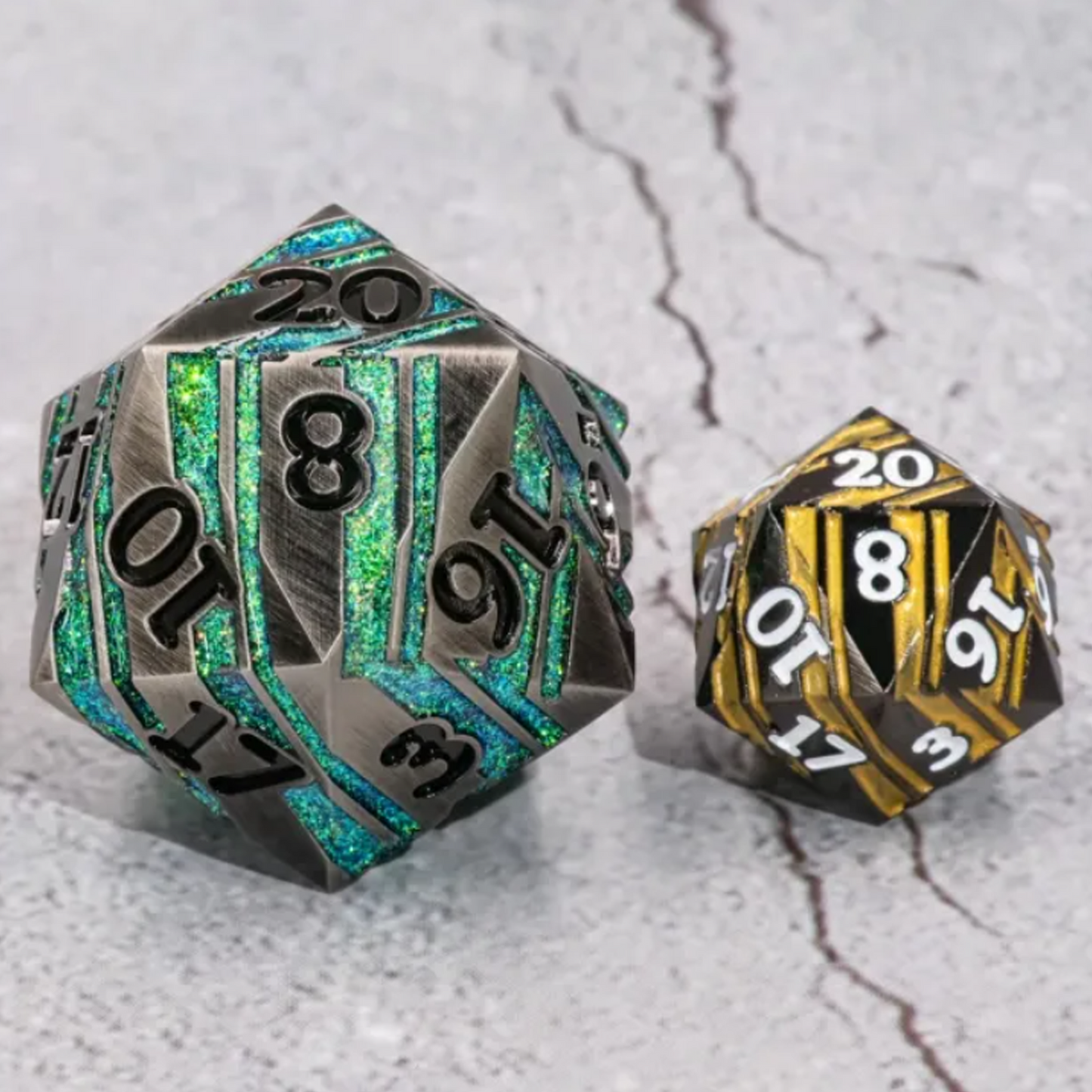 Emerald Titan D20 - Premium Extra Large Metal 20 Sided Dice (Green) Next to a Standard D20 | Happy Piranha