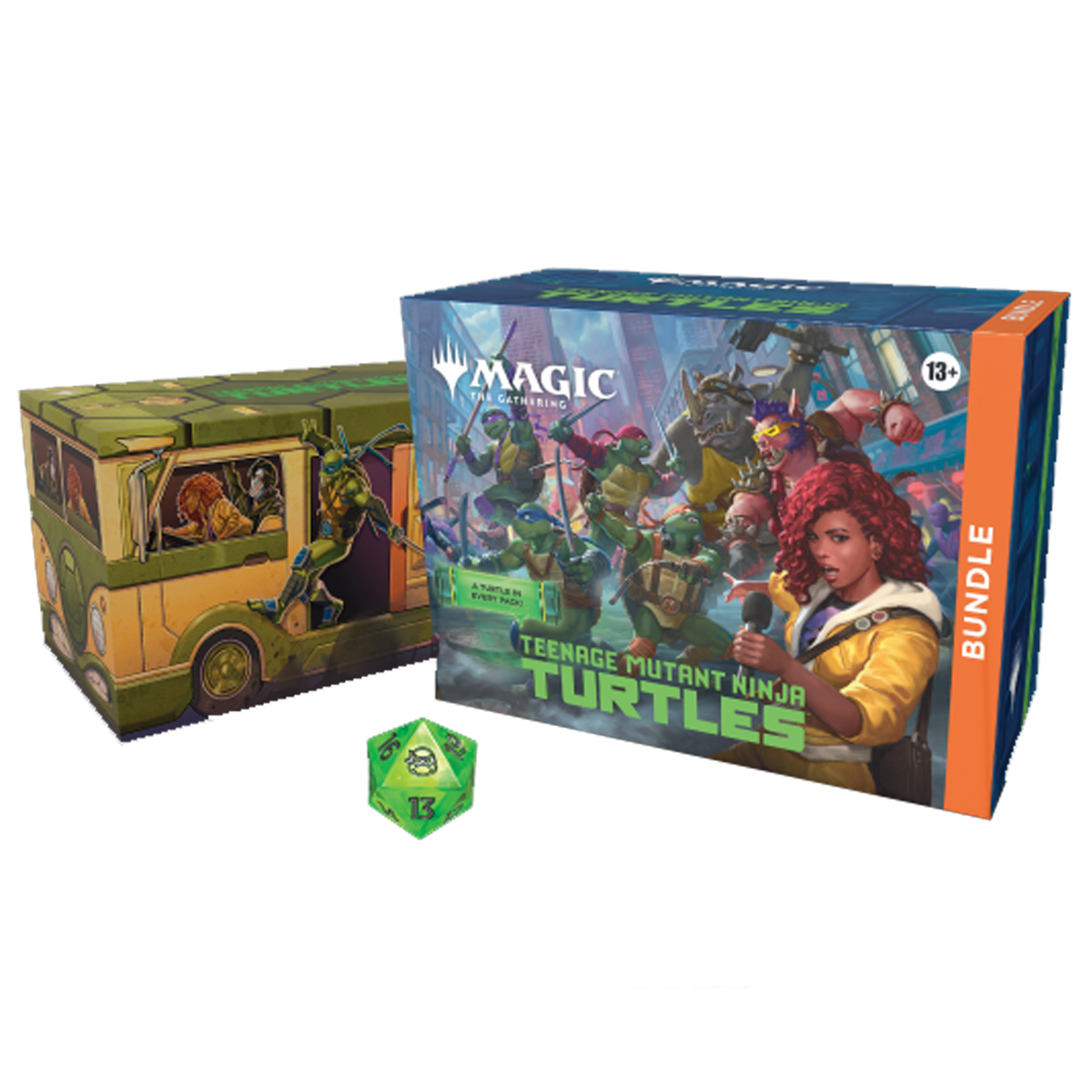 Magic the Gathering: Teenage Mutant Ninja Turtles Bundle and Dice on a White Background | Happy Piranha
