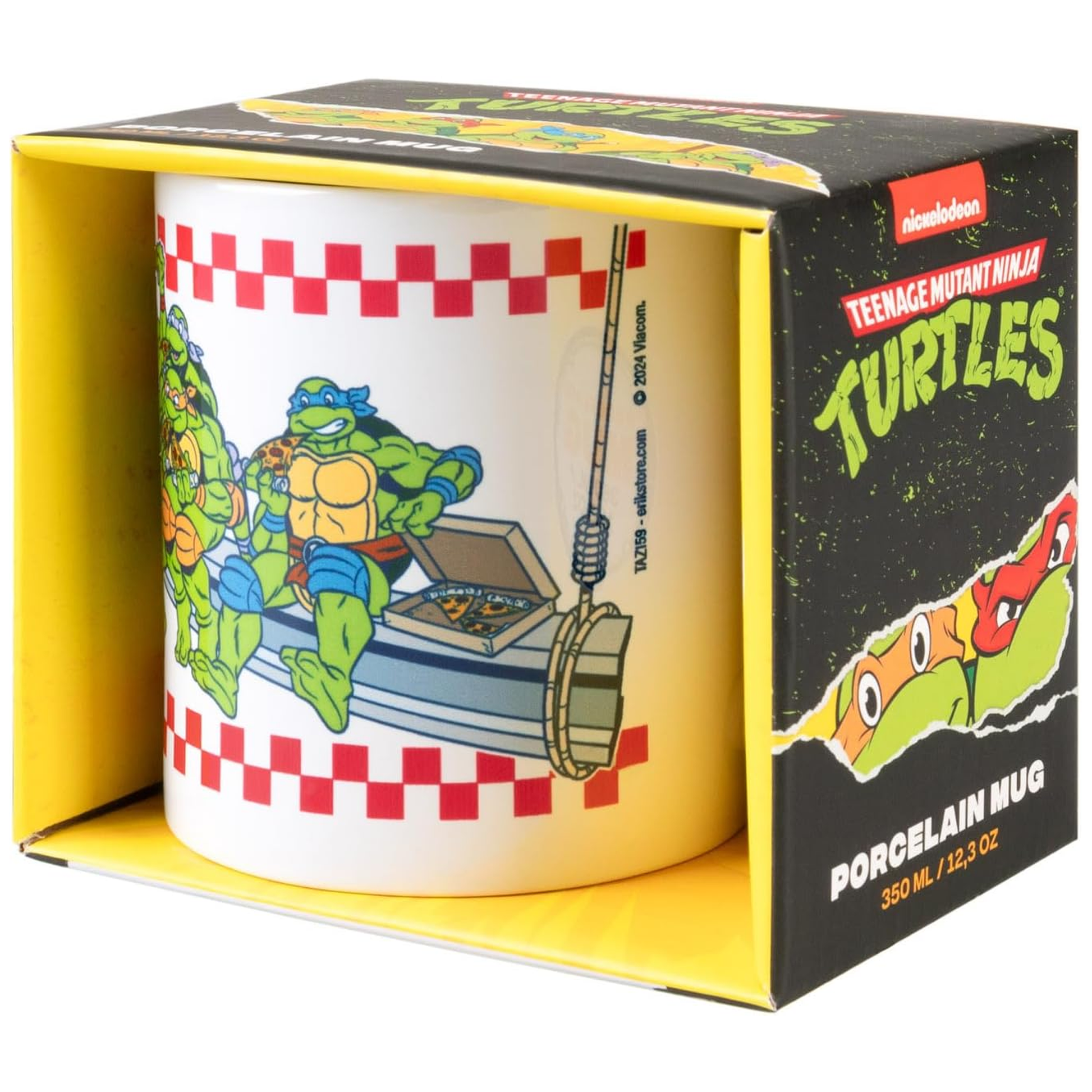 Teenage Mutant Ninja Turtles Pizza Design 350ml Ceramic Mug in a Colourful TMNT design cardboard box. | Happy Piranha