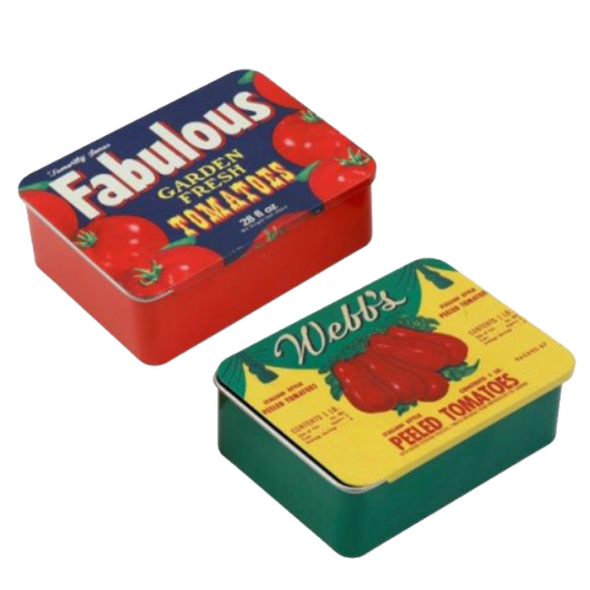 Vintage Tomato Signage Push/Pull Lidden Storage Tin (Both Designs) | Happy Piranha