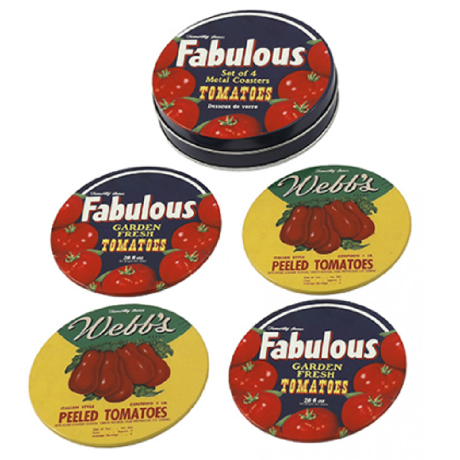 Vintage Tomato Signage Tin Coaster Set on a White Background | Happy Piranha