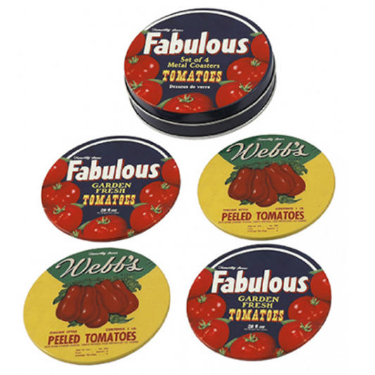 Vintage Tomato Signage Tin Coaster Set on a White Background | Happy Piranha