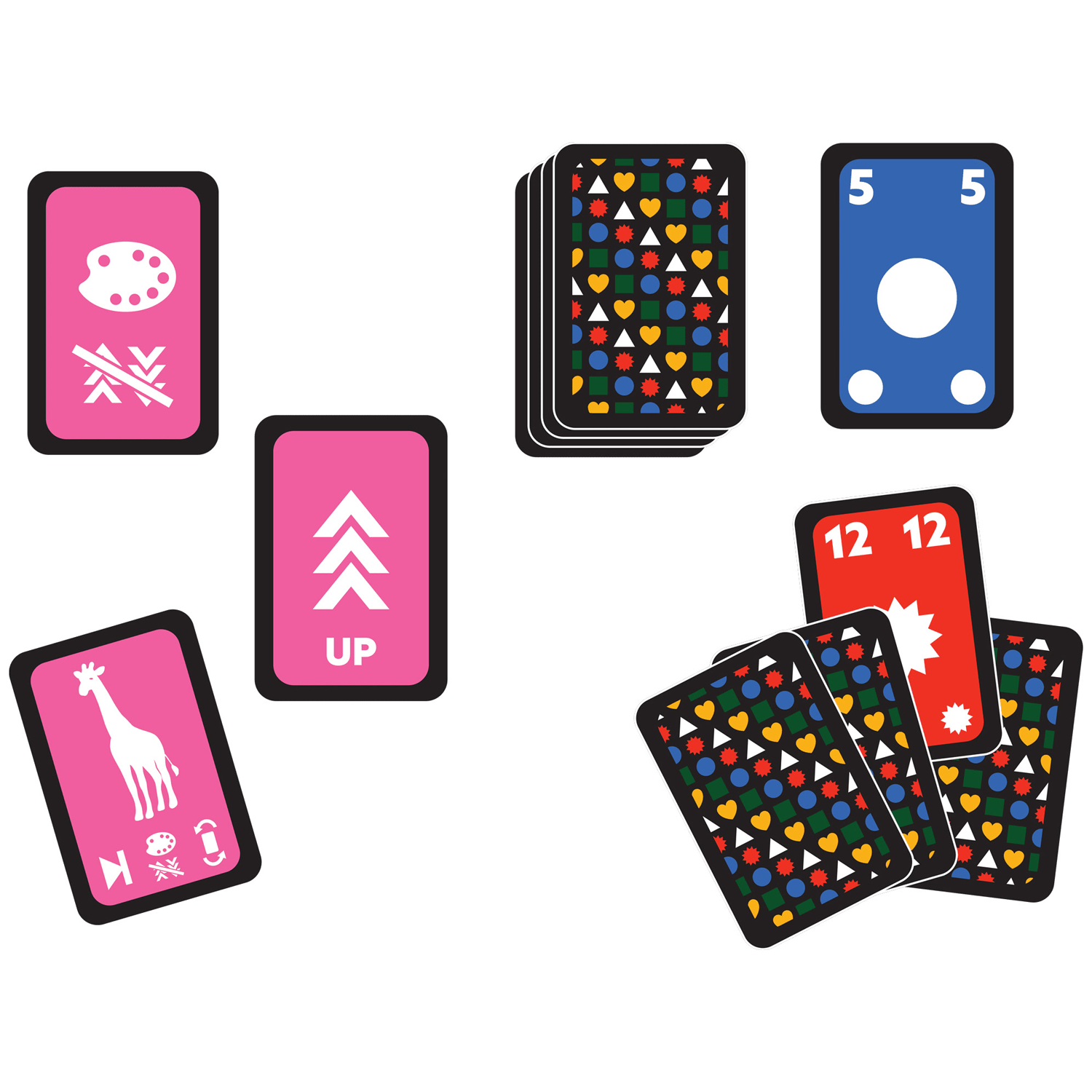 Top Drop Card Game (Patterned Card Examples) on a White Background | Happy Piranha