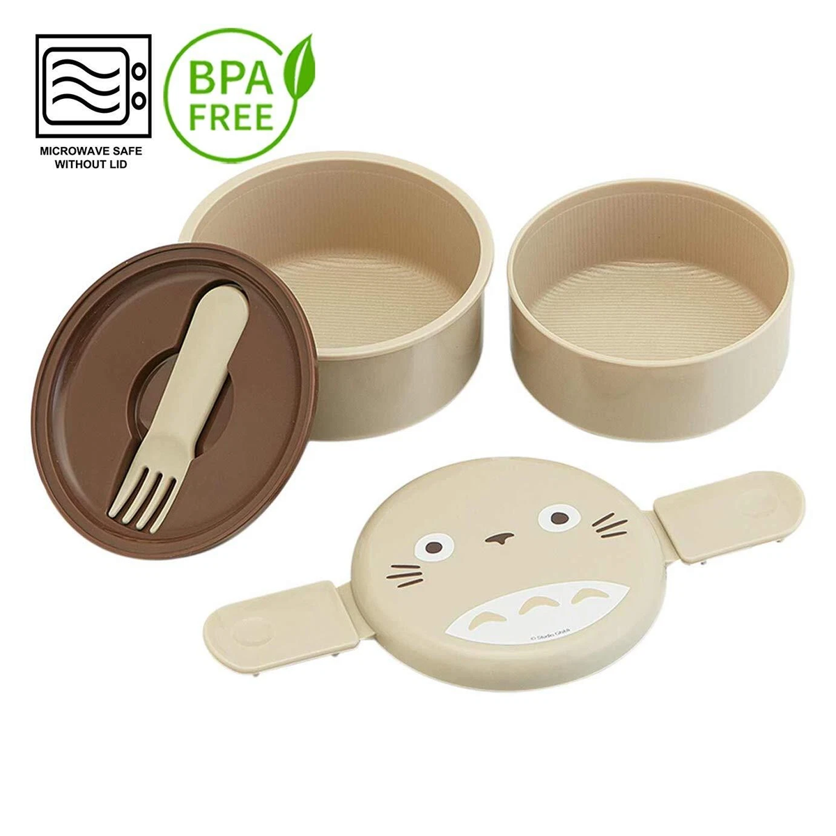 Studio Ghibli My Neighbour Totoro Bento Lunch Box on a White Background, Separated into Each of Its Pieces, With a BPA Free Logo Next to it. | Happy Piranha