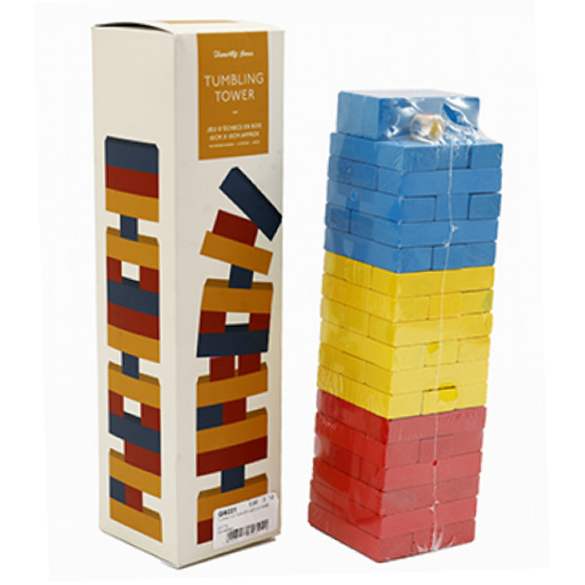 Classic Tumbling Tower with Dice Game Next to its Box on a White Background | Happy Piranha