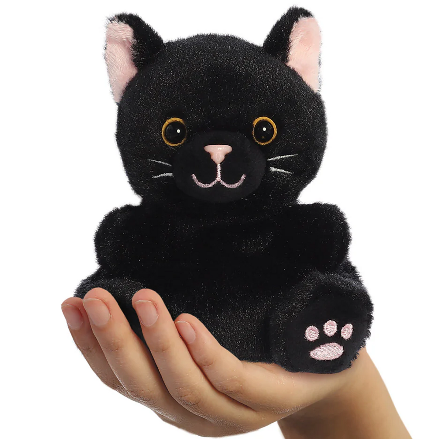 Twilight the Black Cat Palm Pal Plushie Soft Toy in a Child's Hand on a White Background | Happy Piranha