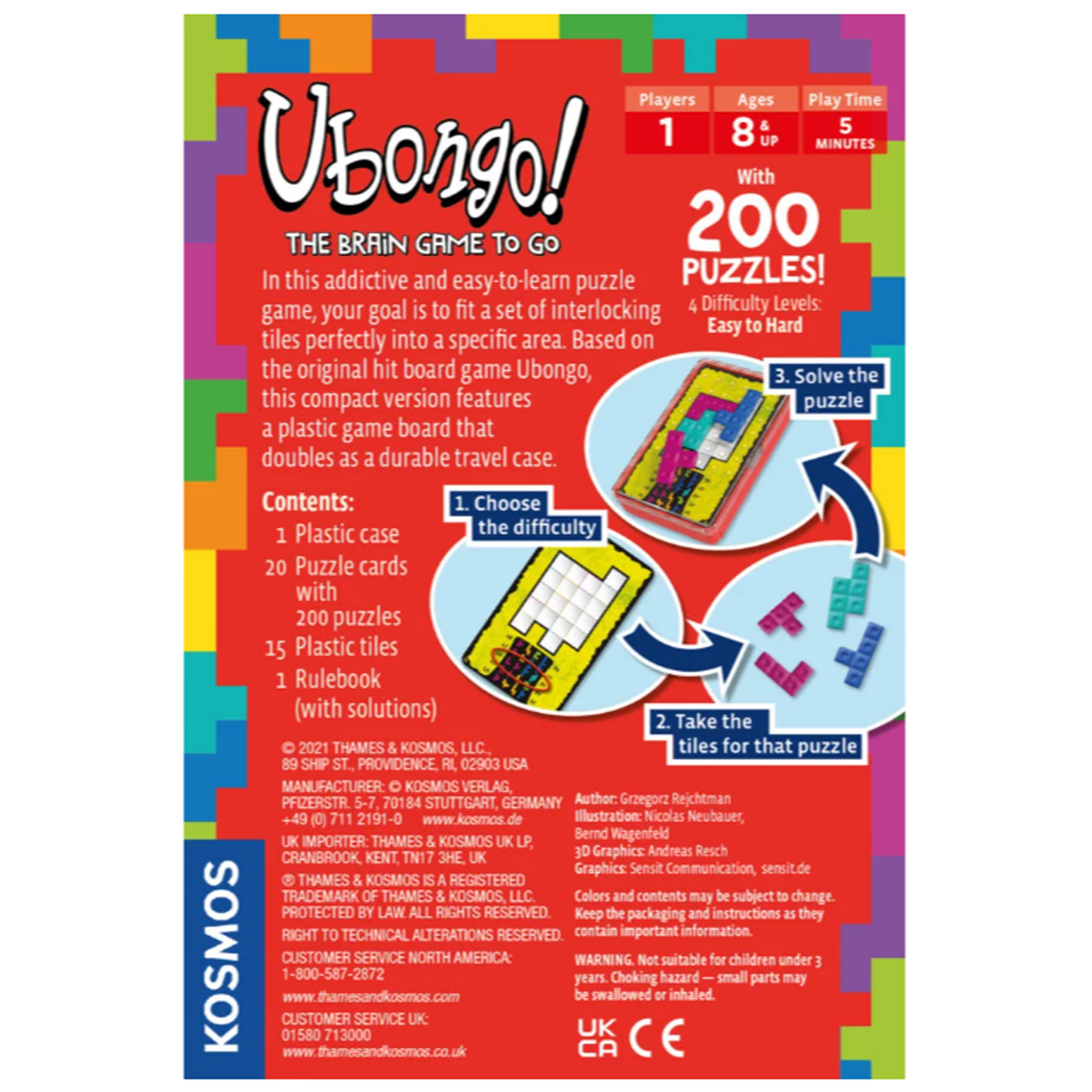 Ubongo Single Player Travel Edition Board Game (Backof Box) On a White Background | Happy Piranha