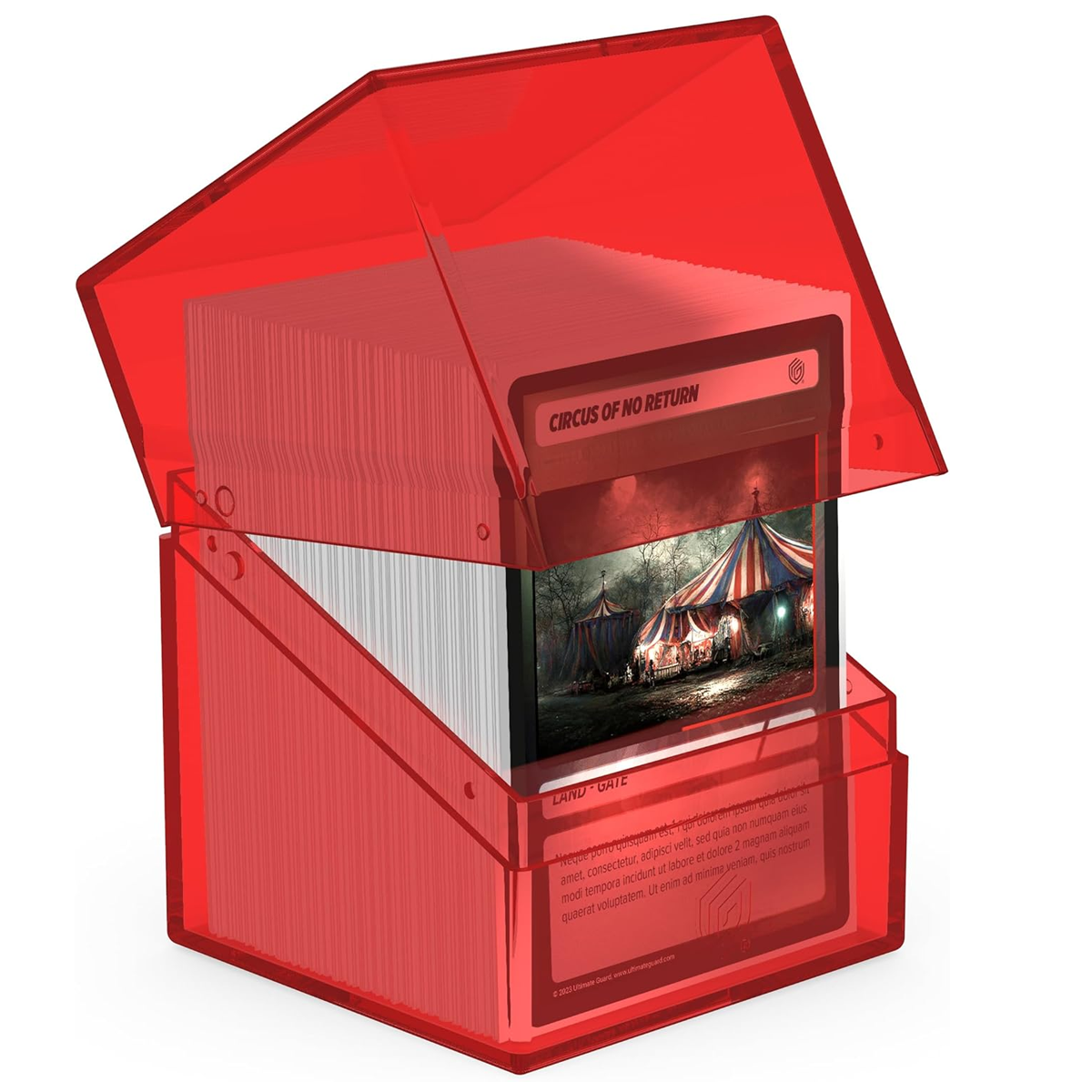 Ultimate Guard Boulder: 100+ Transparent Deck Box: Ruby (Partly Open With Cards Inside) On a White Background | Happy Piranha
