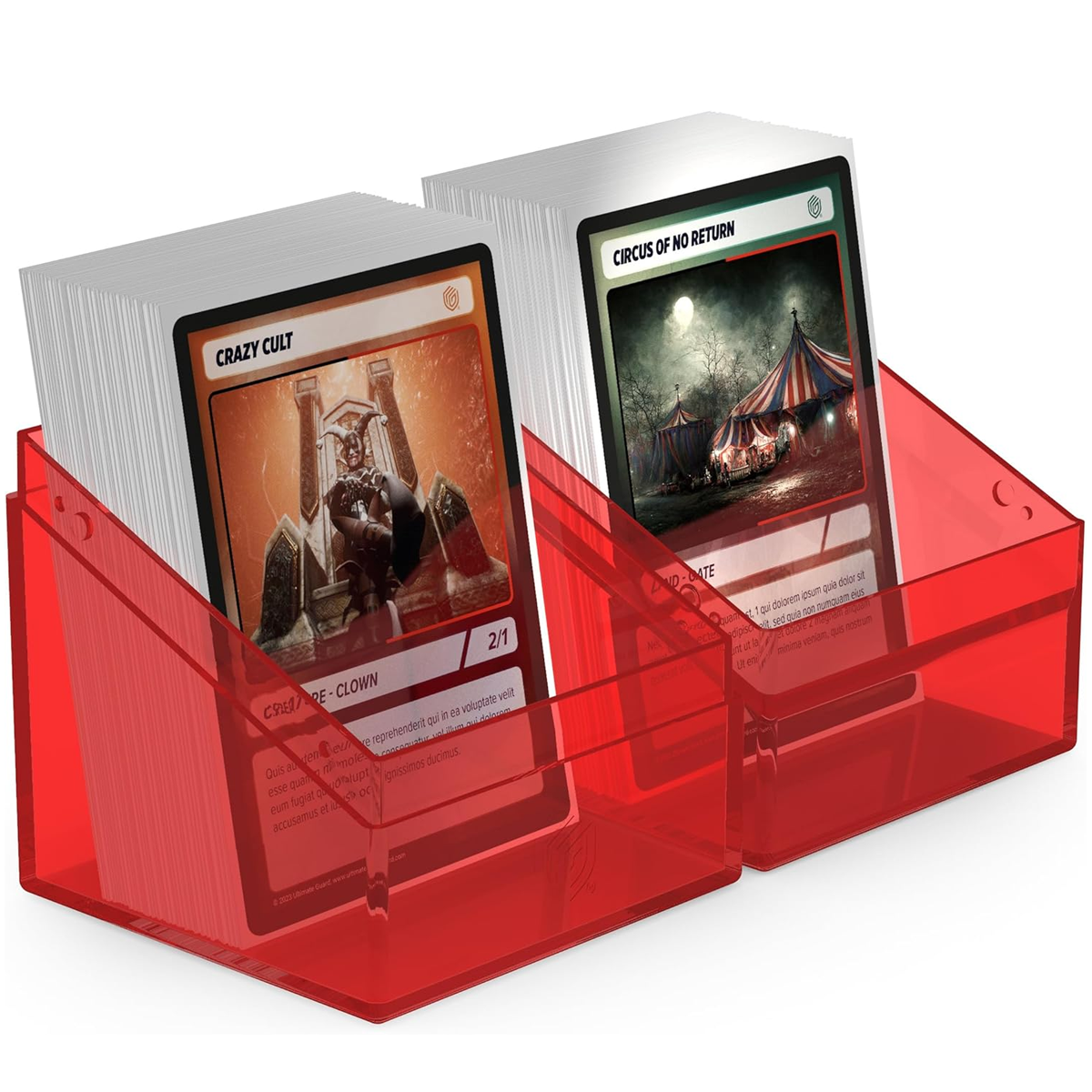 Ultimate Guard Boulder: 100+ Transparent Deck Box: Ruby (Split In Two Halves With Cards in Either Side) On a White Background | Happy Piranha