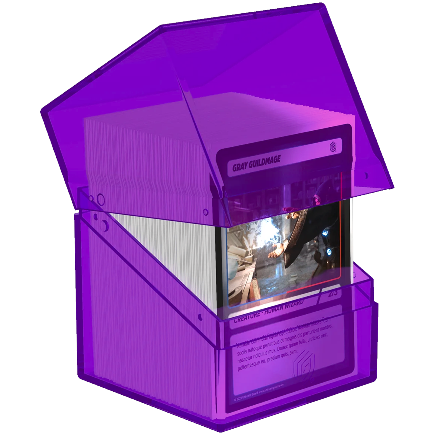 Ultimate Guard Boulder: 100+ Transparent Deck Box: Amethyst (Half Open With Cards inside) On a White Background | Happy Piranha