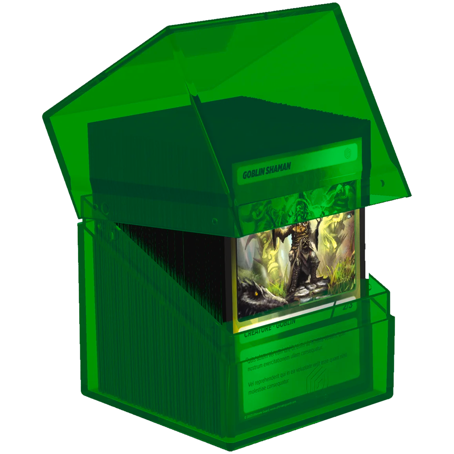 Ultimate Guard Boulder: 100+ Transparent Deck Box: Emerald (Partly Open With Cards Inside) On a White Background | Happy Piranha
