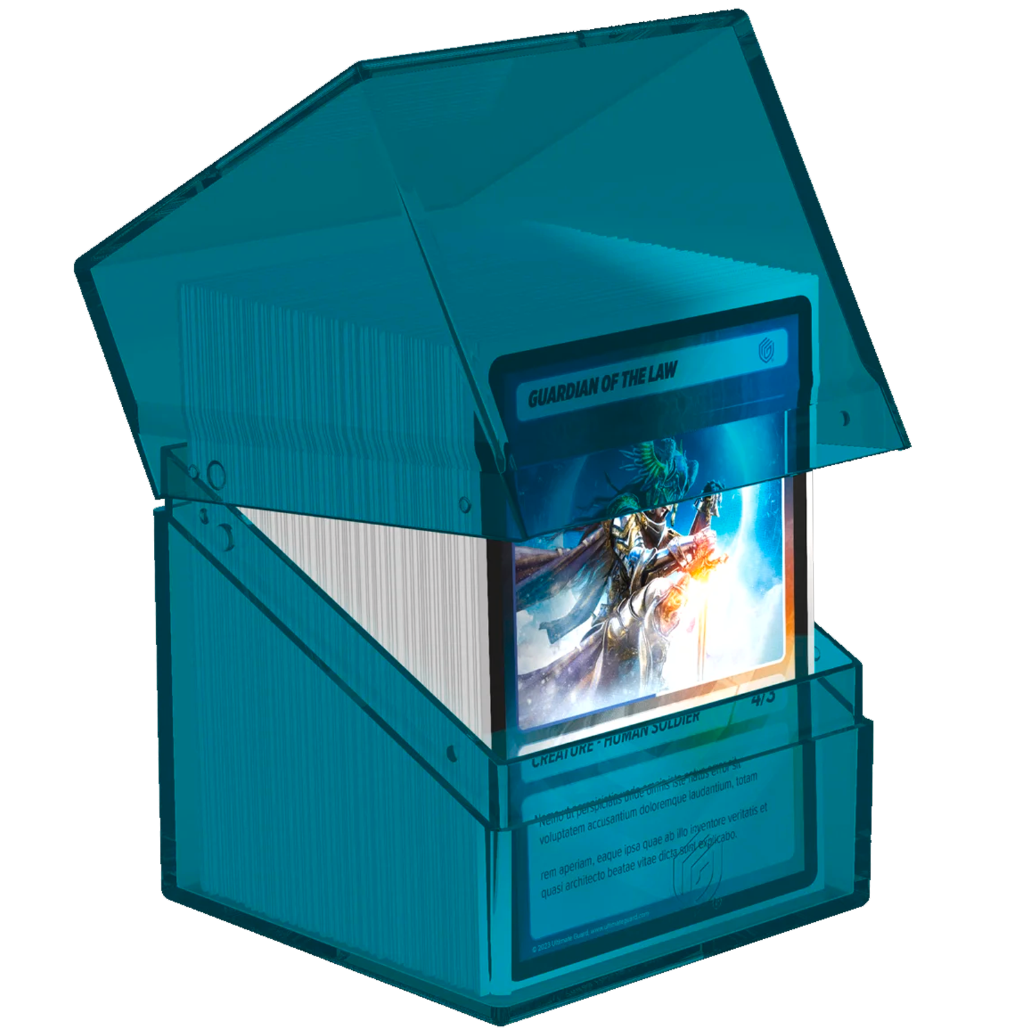 Ultimate Guard Boulder: 100+ Transparent Deck Box: Malachite (Partly Open With Cards Inside) On a White Background | Happy Piranha