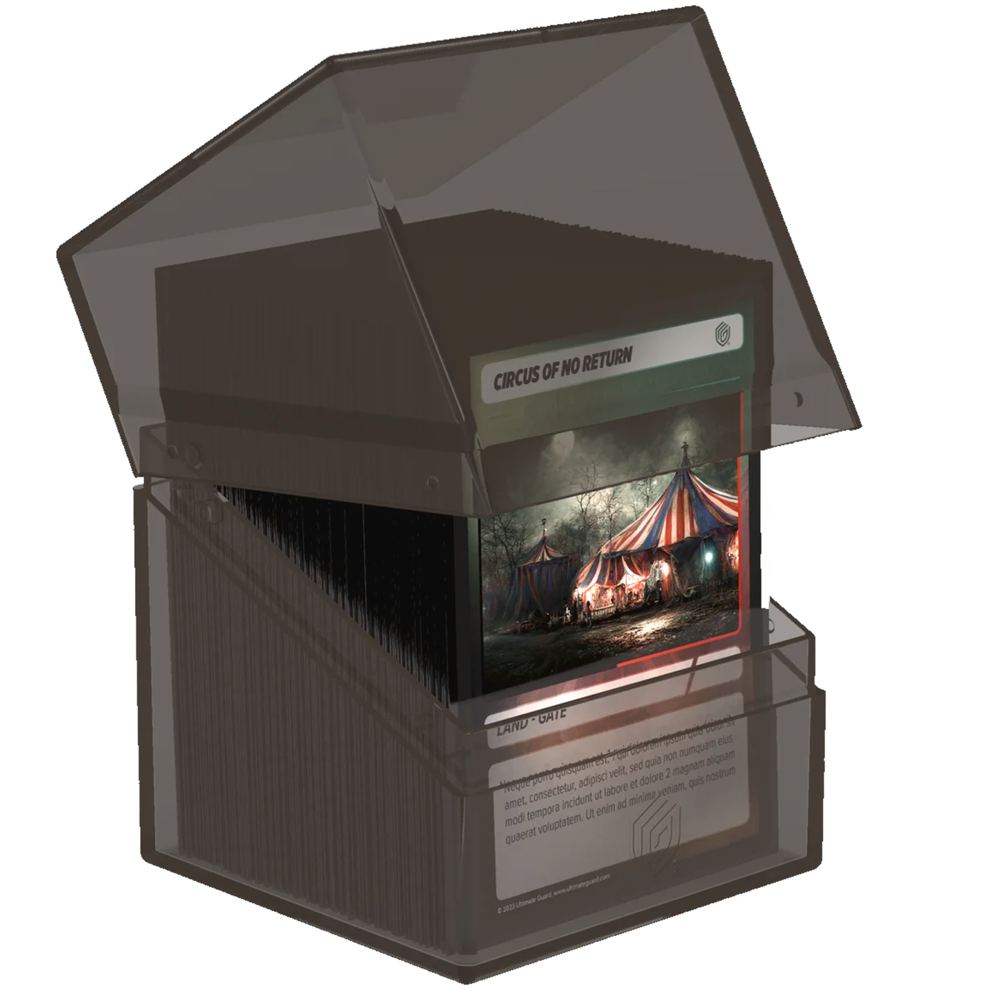 Ultimate Guard Boulder: 100+ Transparent Deck Box: Onyx (Partly Open With Cards Inside) On a White Background | Happy Piranha