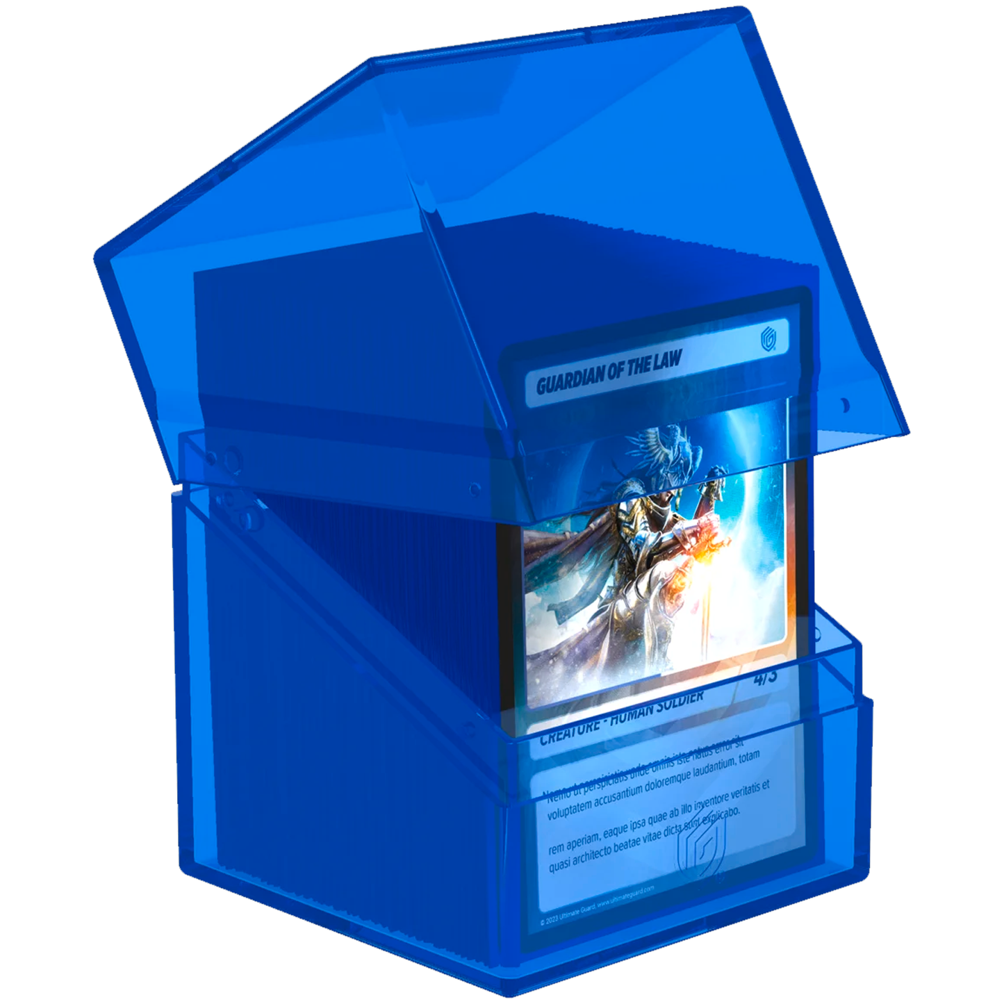 Ultimate Guard Boulder: 100+ Transparent Deck Box: Sapphire (Partly Open With Cards Inside) On a White Background | Happy Piranha