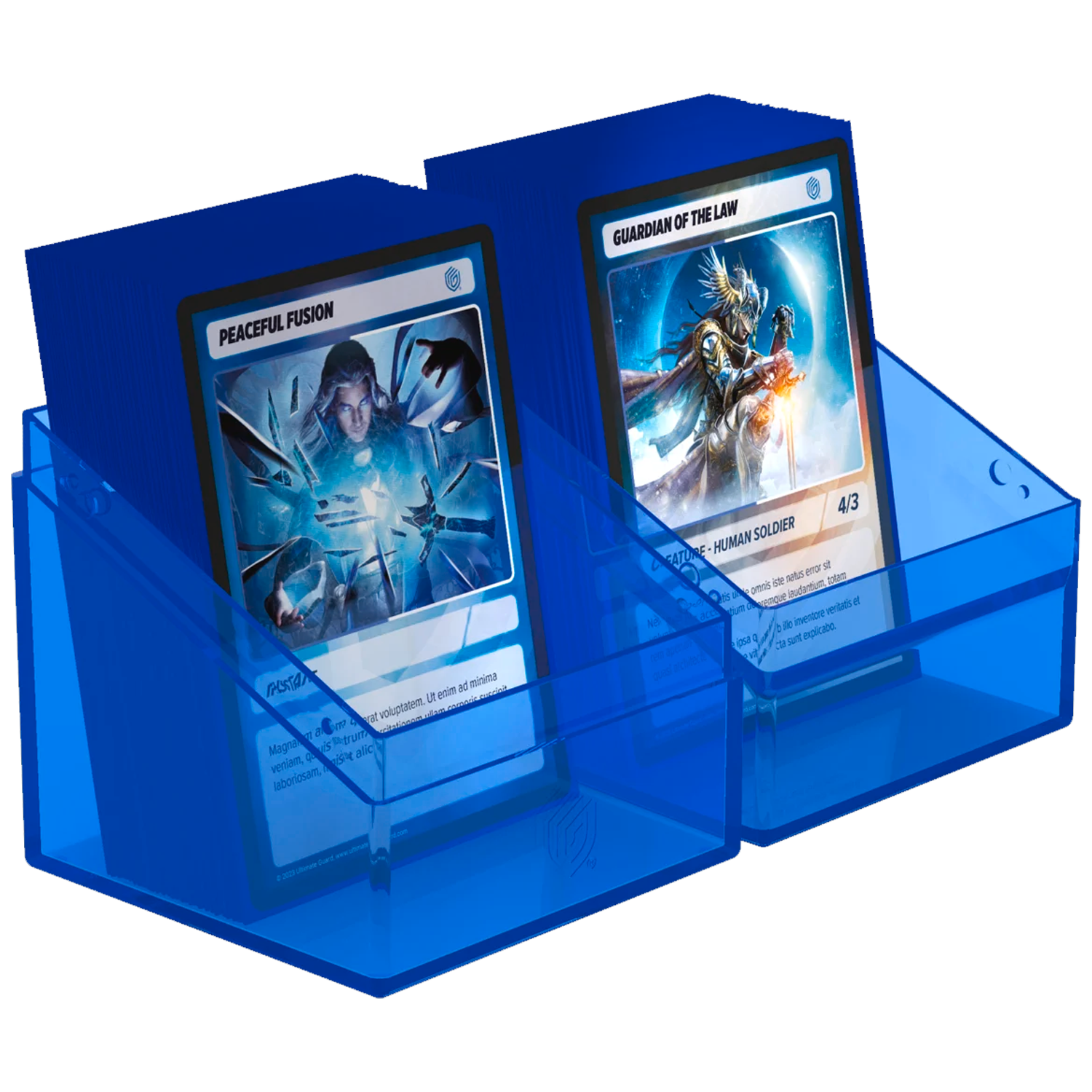 Ultimate Guard Boulder: 100+ Transparent Deck Box: Sapphire (Fully Open With Cards in Either Half) On a White Background | Happy Piranha