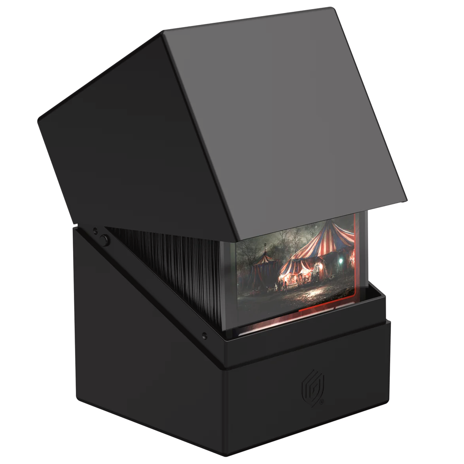 Ultimate Guard Boulder: 100+ Solid Deck Box: Black (Half Open With Cards Inside) On a White Background | Happy Piranha