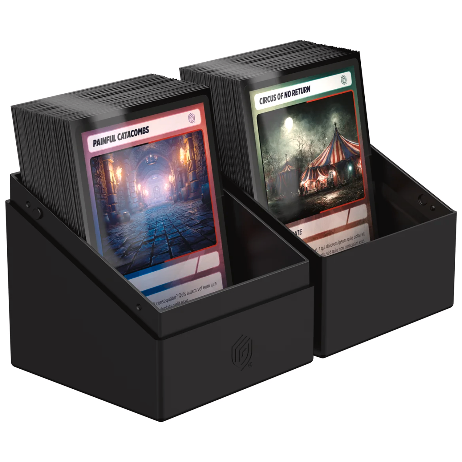 Ultimate Guard Boulder: 100+ Solid Deck Box: Black (Fully Open With Cards in Either Half) On a White Background | Happy Piranha