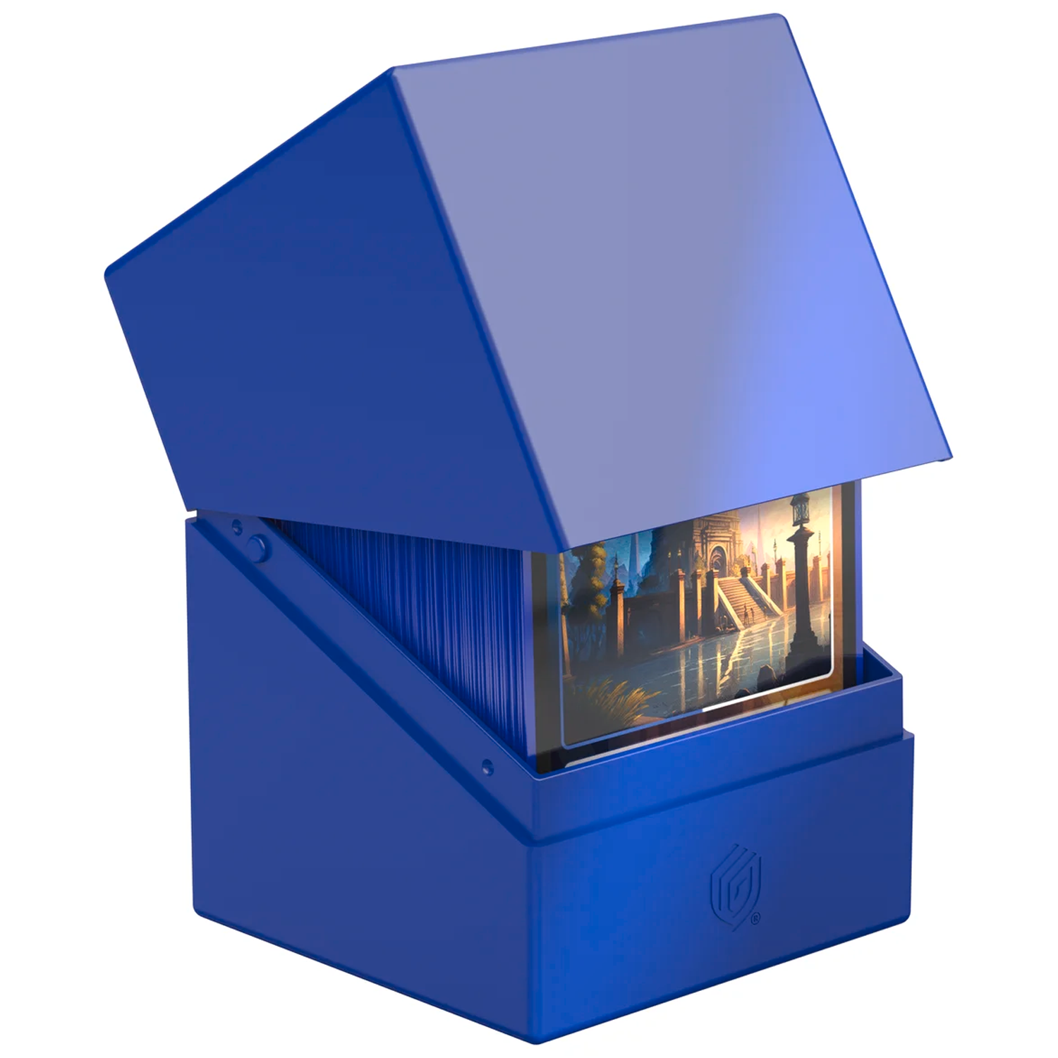Ultimate Guard Boulder: 100+ Solid Deck Box: Blue (Partly Open With Cards Inside) On a White Background | Happy Piranha