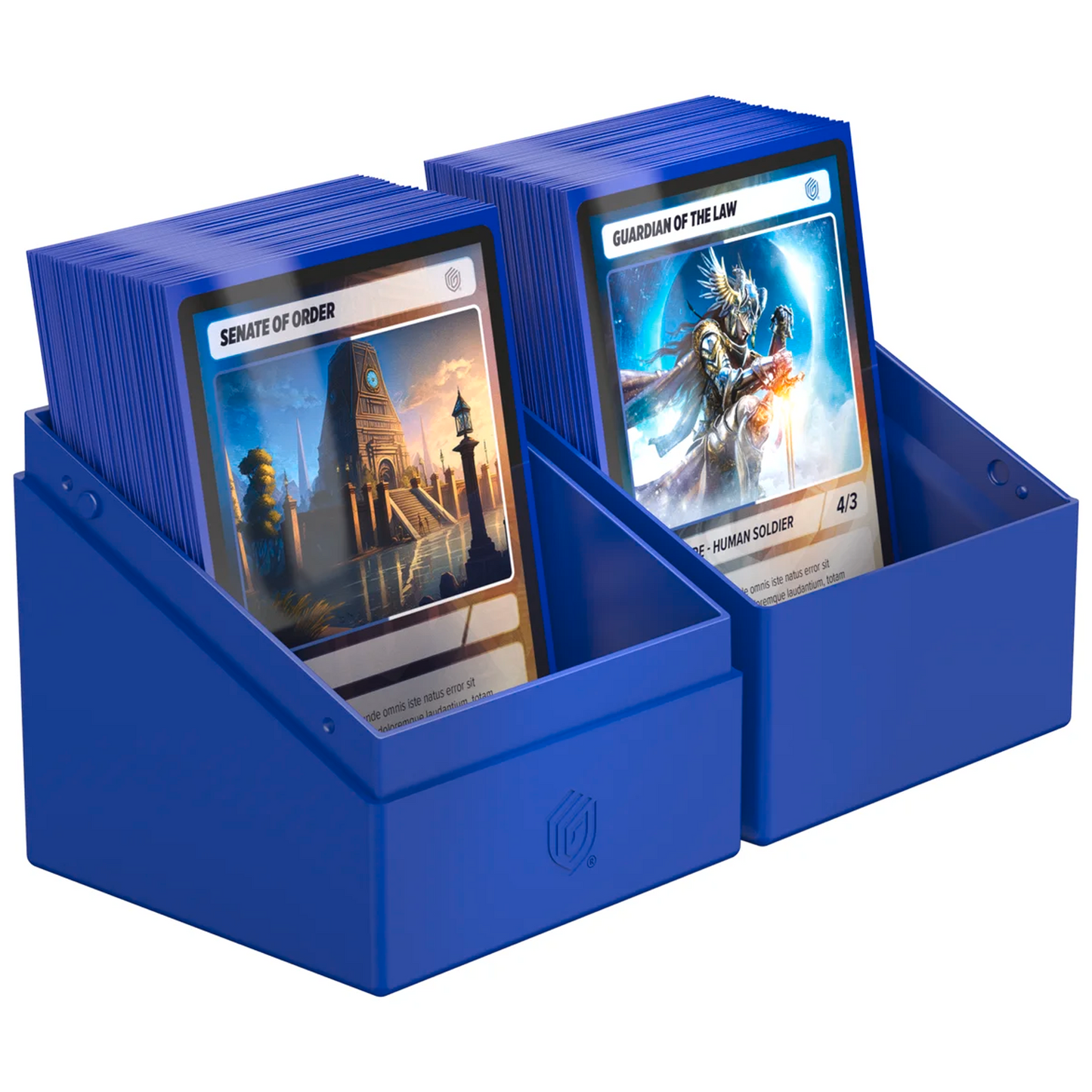 Ultimate Guard Boulder: 100+ Solid Deck Box: Blue (Fully Open With Cards in Either Half) On a White Background | Happy Piranha