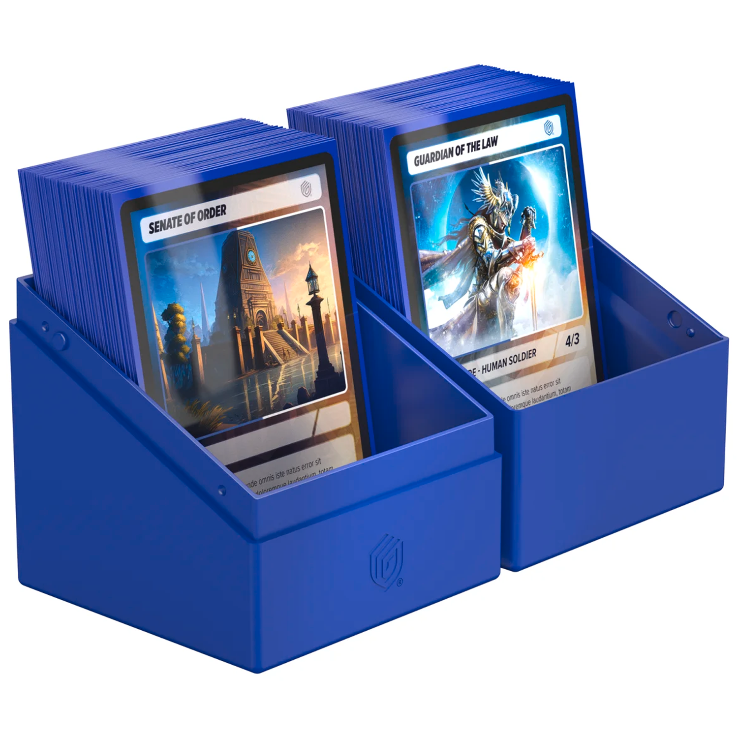 Ultimate Guard Boulder: 100+ Solid Deck Box: Blue (Fully Open With Cards in Either Half) On a White Background | Happy Piranha