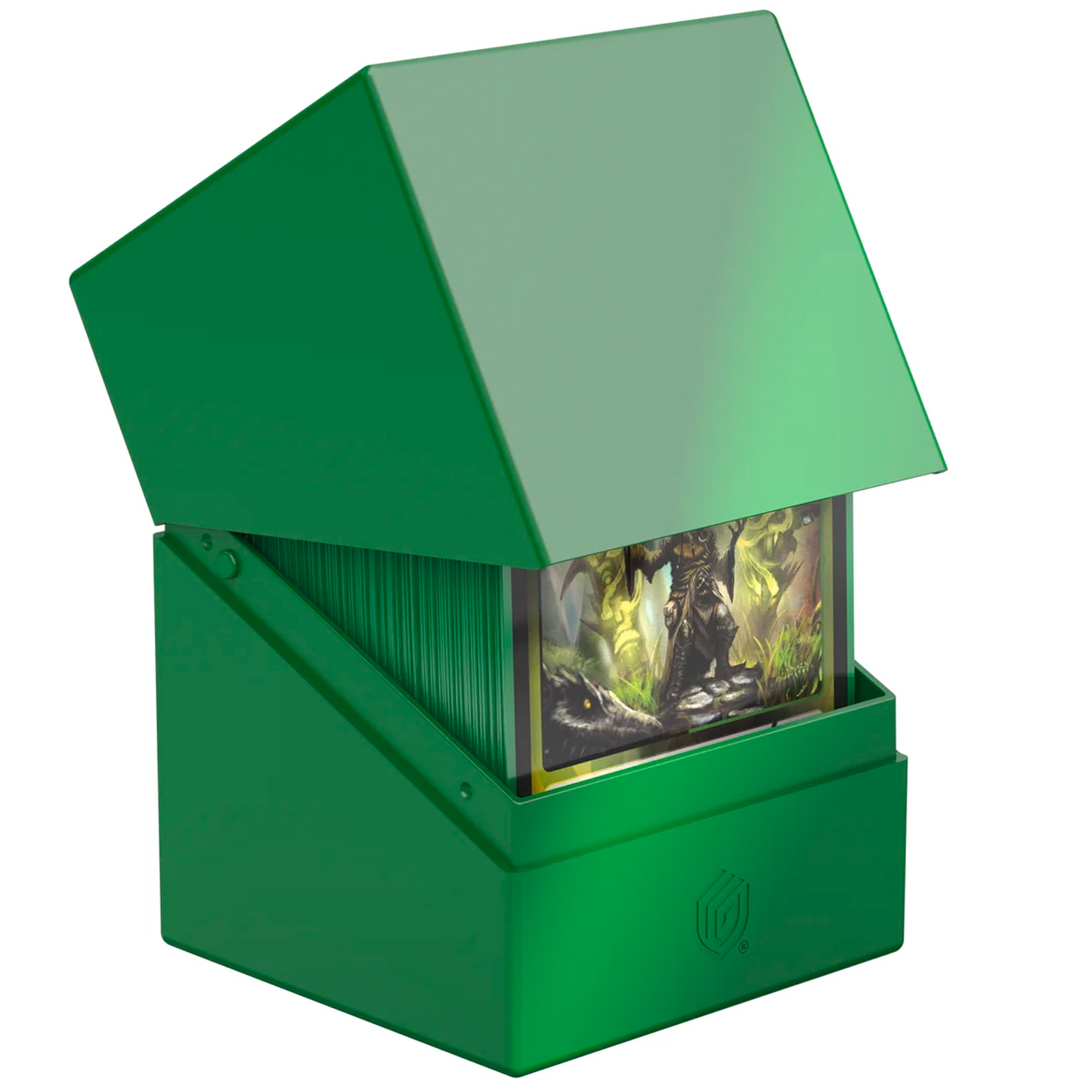 Ultimate Guard Boulder: 100+ Solid Deck Box: Green (Partly Open With Cards inside) | Happy Piranha
