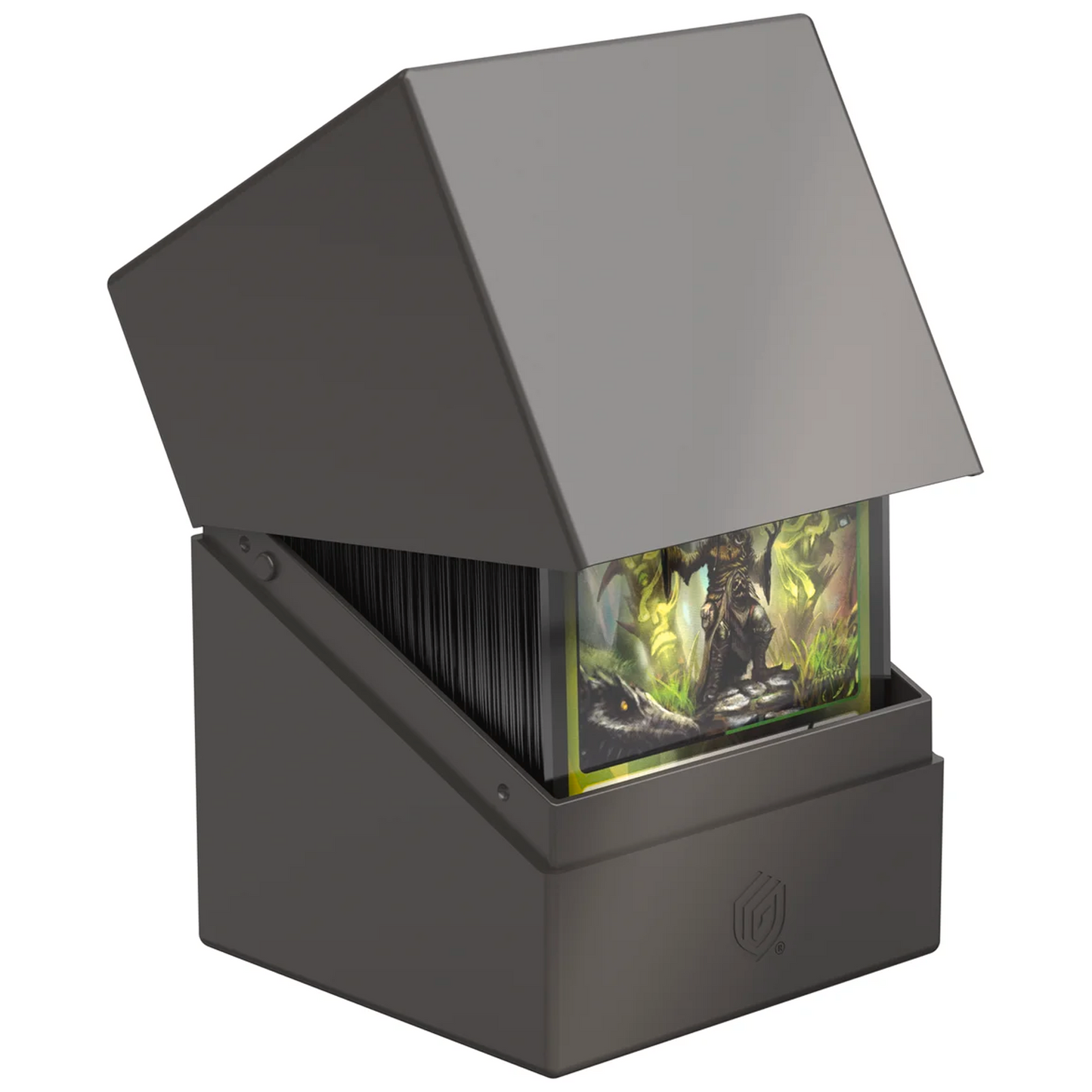 Ultimate Guard Boulder: 100+ Solid Deck Box: Grey (Partly Open With Cards Inside) On a White Background | Happy Piranha