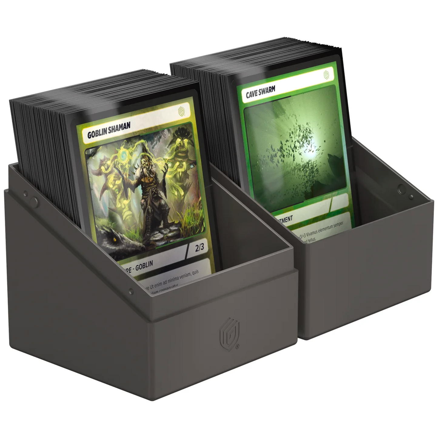 Ultimate Guard Boulder: 100+ Solid Deck Box: Grey (Fully Open With Cards in Either Half) On a White Background | Happy Piranha