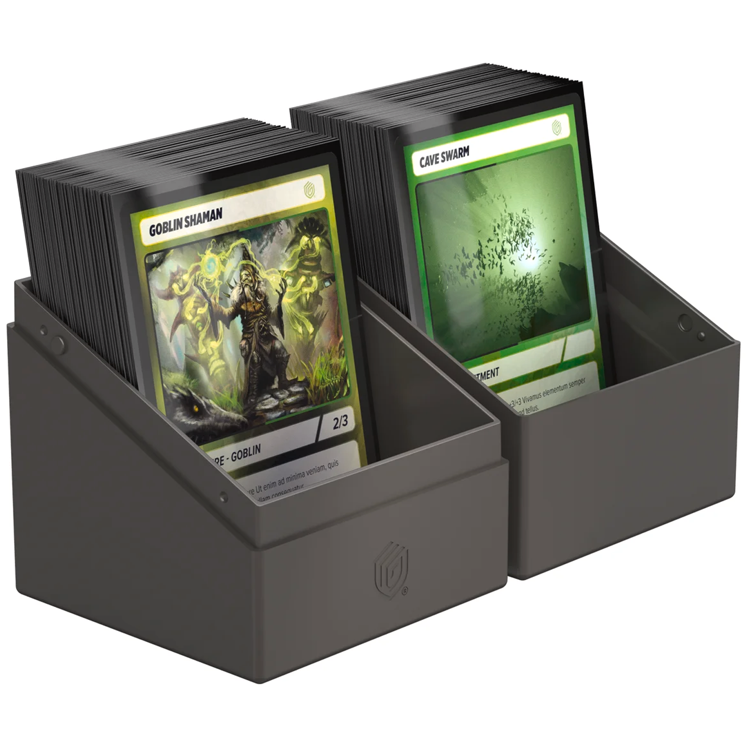 Ultimate Guard Boulder: 100+ Solid Deck Box: Grey (Fully Open With Cards in Either Half) On a White Background | Happy Piranha