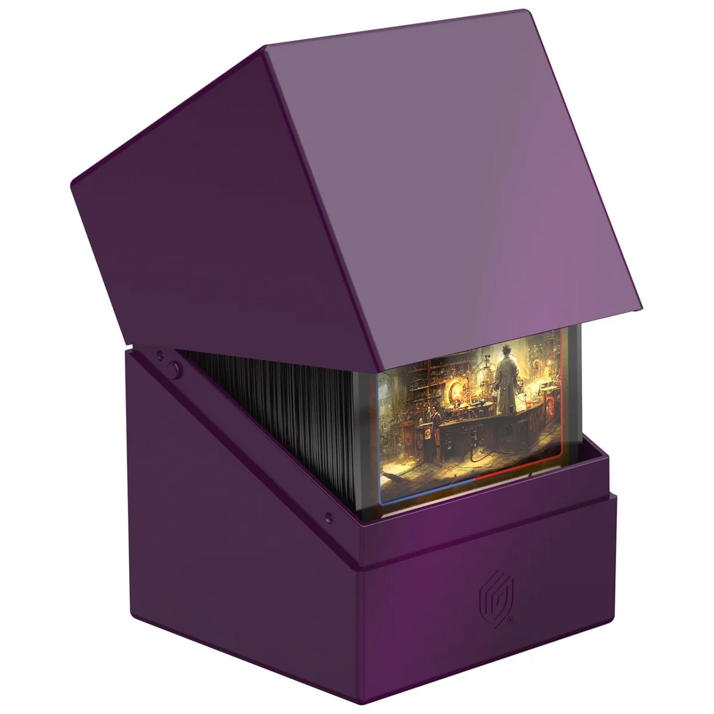 Ultimate Guard Boulder: 100+ Solid Deck Box: Purple (Partly Open With Cards Inside) On A White Background | Happy Piranha