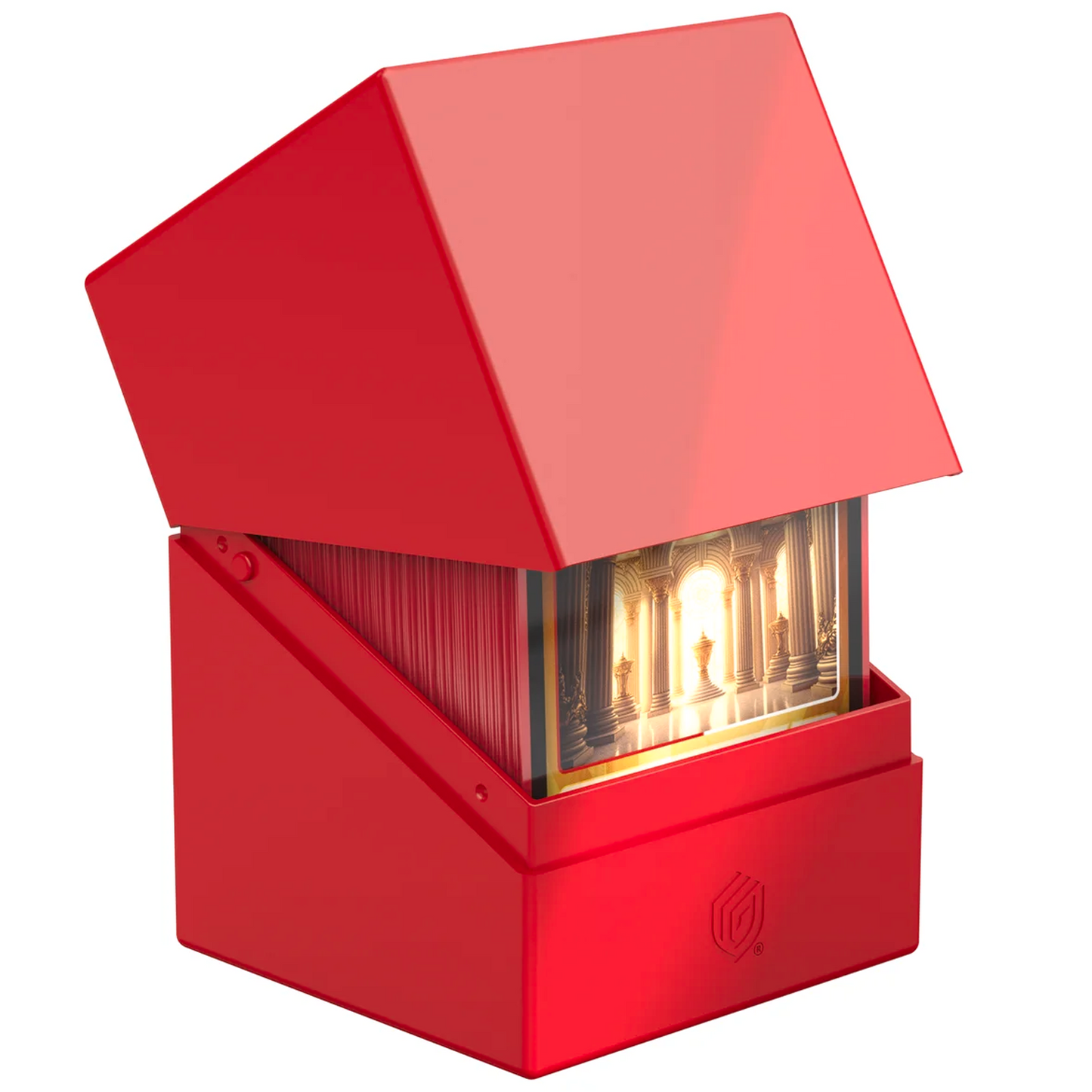 Ultimate Guard Boulder: 100+ Solid Deck Box: Red (Partly Open With Cards inside) On  White Background | Happy Piranha