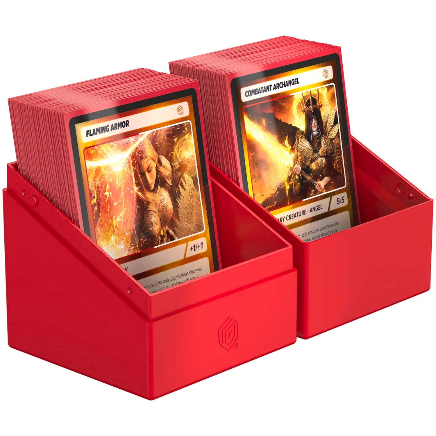 Ultimate Guard Boulder: 100+ Solid Deck Box: Red (Fully Open With Cards in Either Half) On  White Background | Happy Piranha