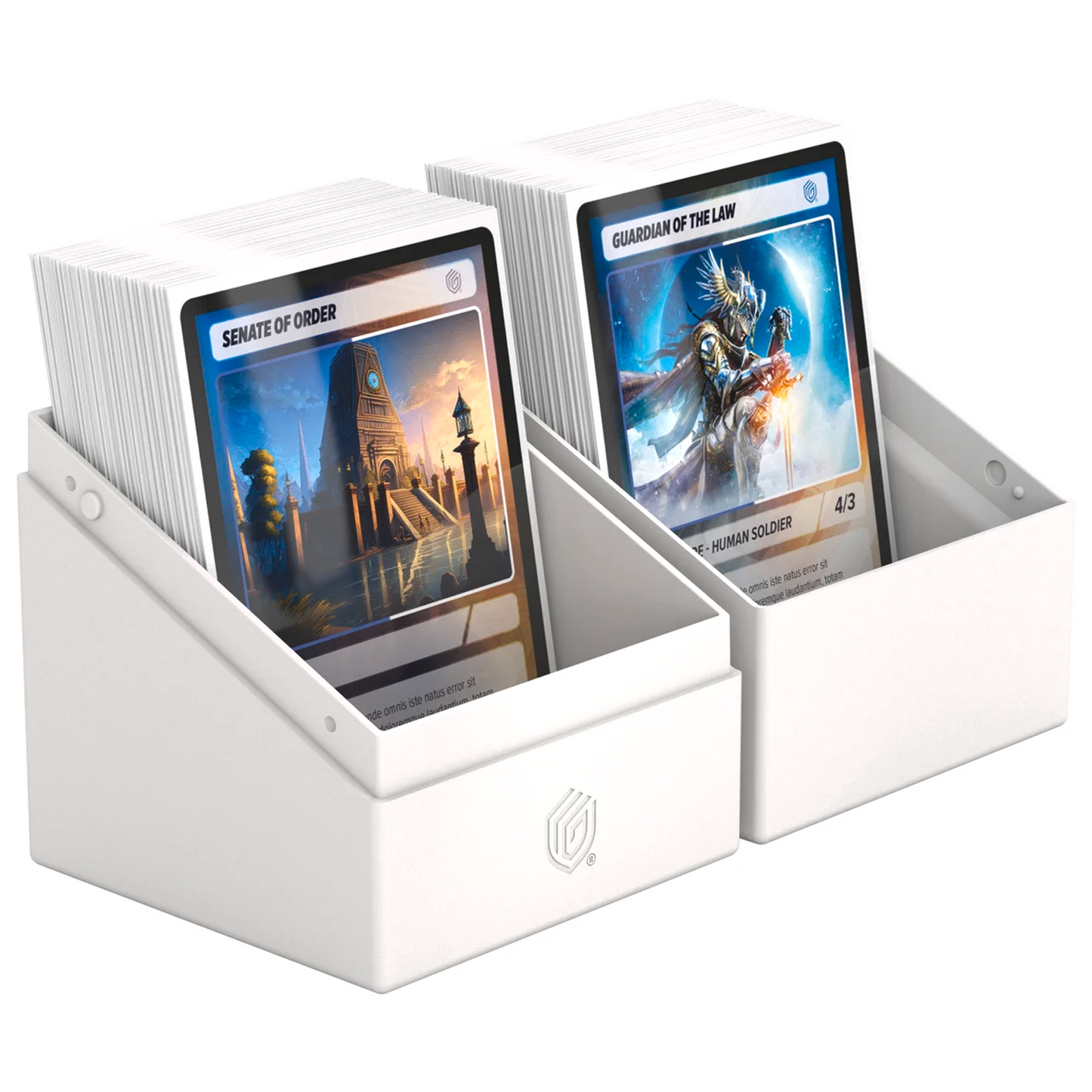 Ultimate Guard Boulder: 100+ Solid Deck Box: White (Fully Open With Cards in Either Half) On a White Background | Happy Piranha