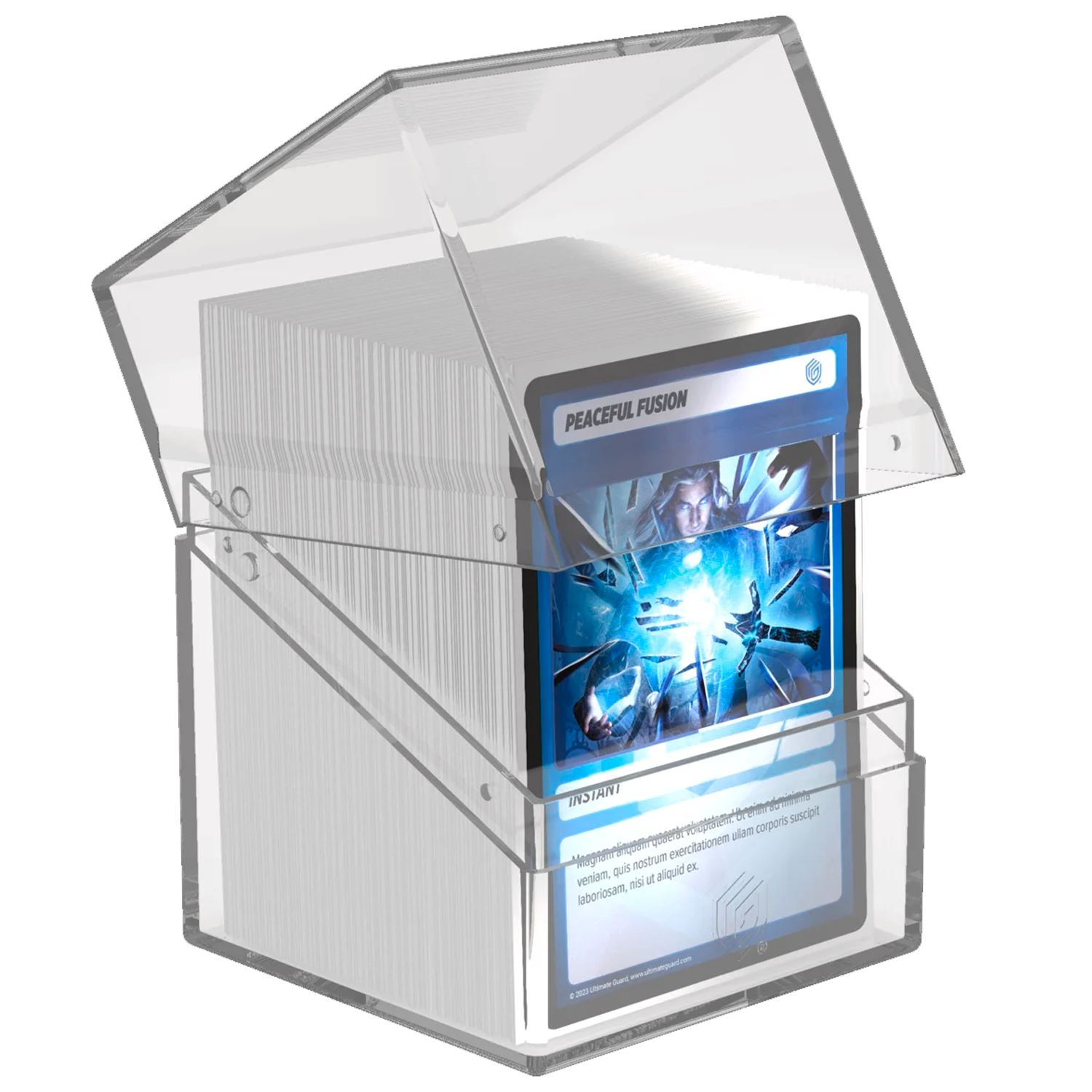 Ultimate Guard Boulder: 100+ Transparent Deck Box: Clear (Partly Open With Cards Inside) On a White Background | Happy Piranha