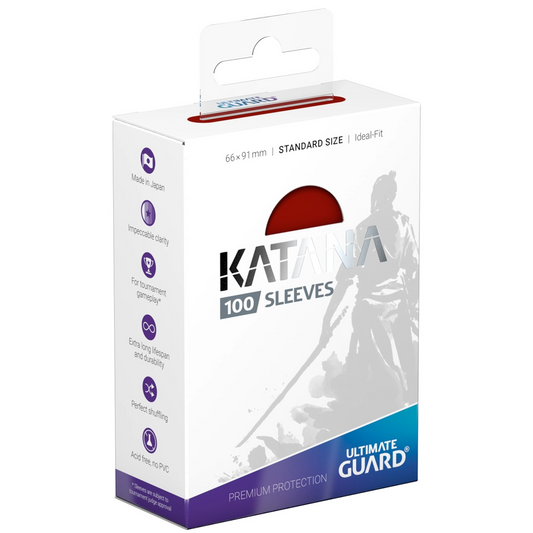 Ultimate Guard Katana Standard Sized Card Sleeves 100 Pack: Red (Front of Box) | Happy Piranha