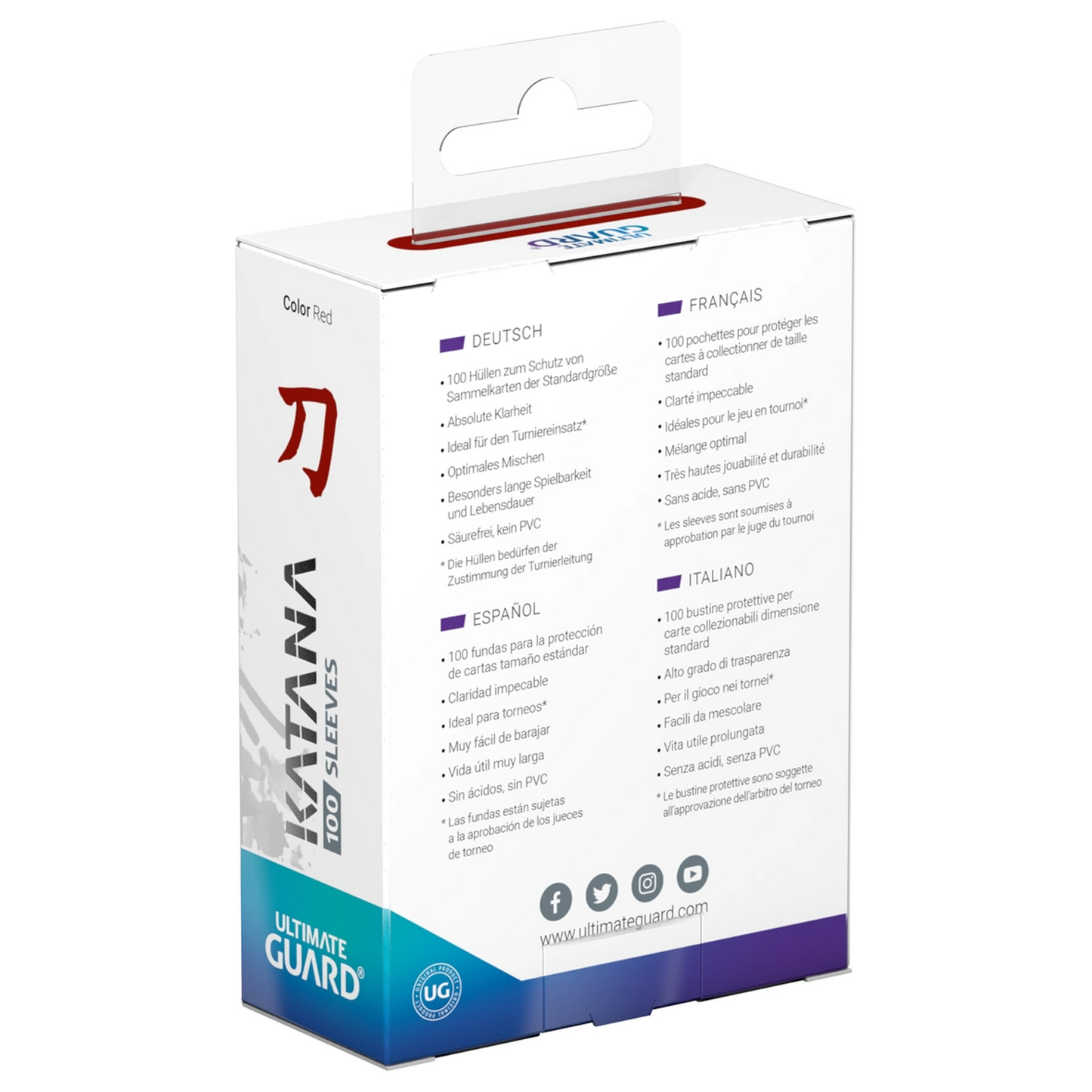 Ultimate Guard Katana Standard Sized Card Sleeves 100 Pack: Red (Back of Box) | Happy Piranha