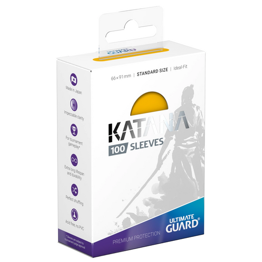 Ultimate Guard Katana Standard Sized Card Sleeves 100 Pack: Yellow (Front of Box) | Happy Piranha 