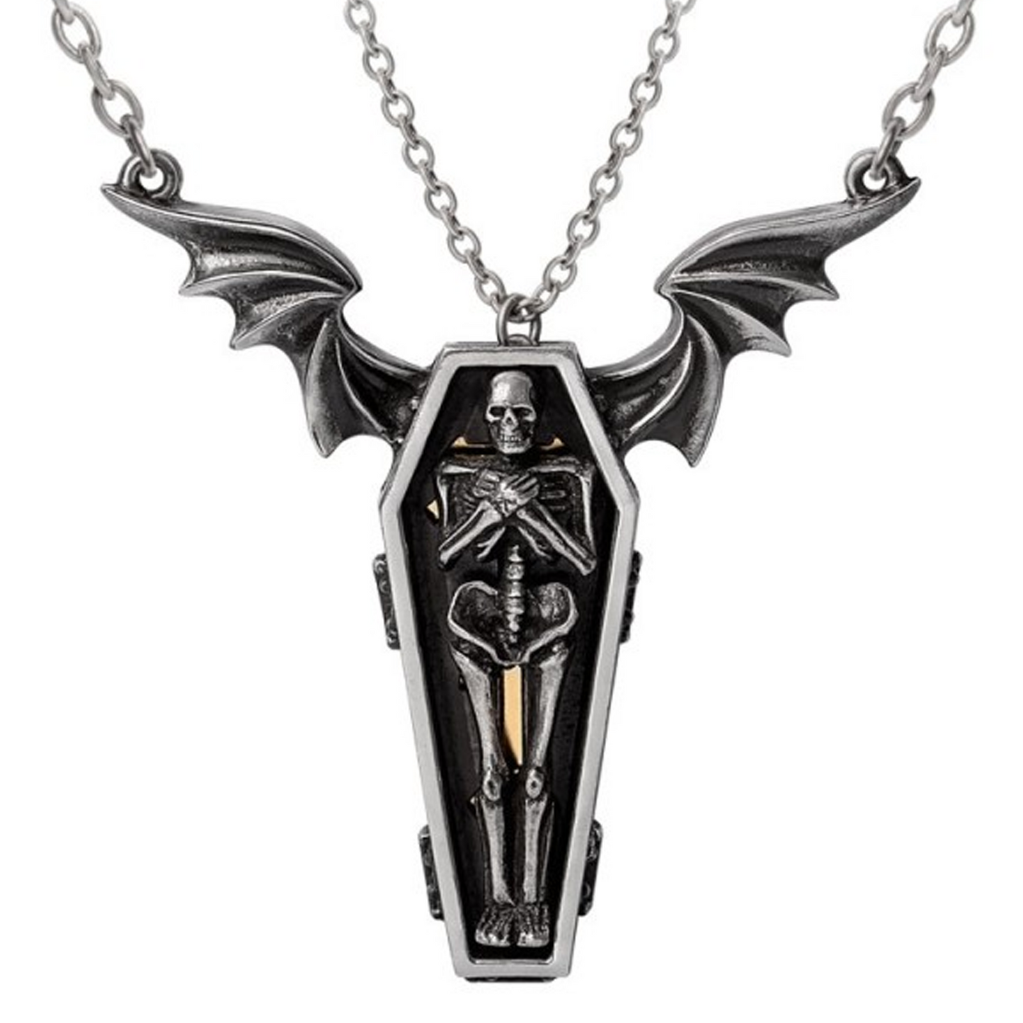 Undying Homage - Skeleton & Winged Coffin Design Necklace on a White Background | Happy Piranha