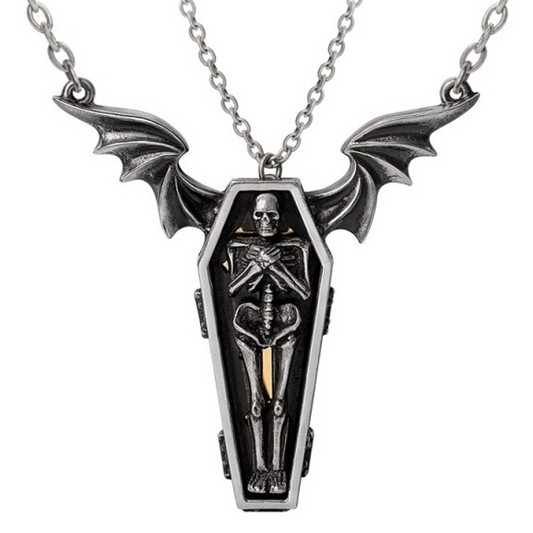 Undying Homage - Skeleton & Winged Coffin Design Necklace on a White Background | Happy Piranha