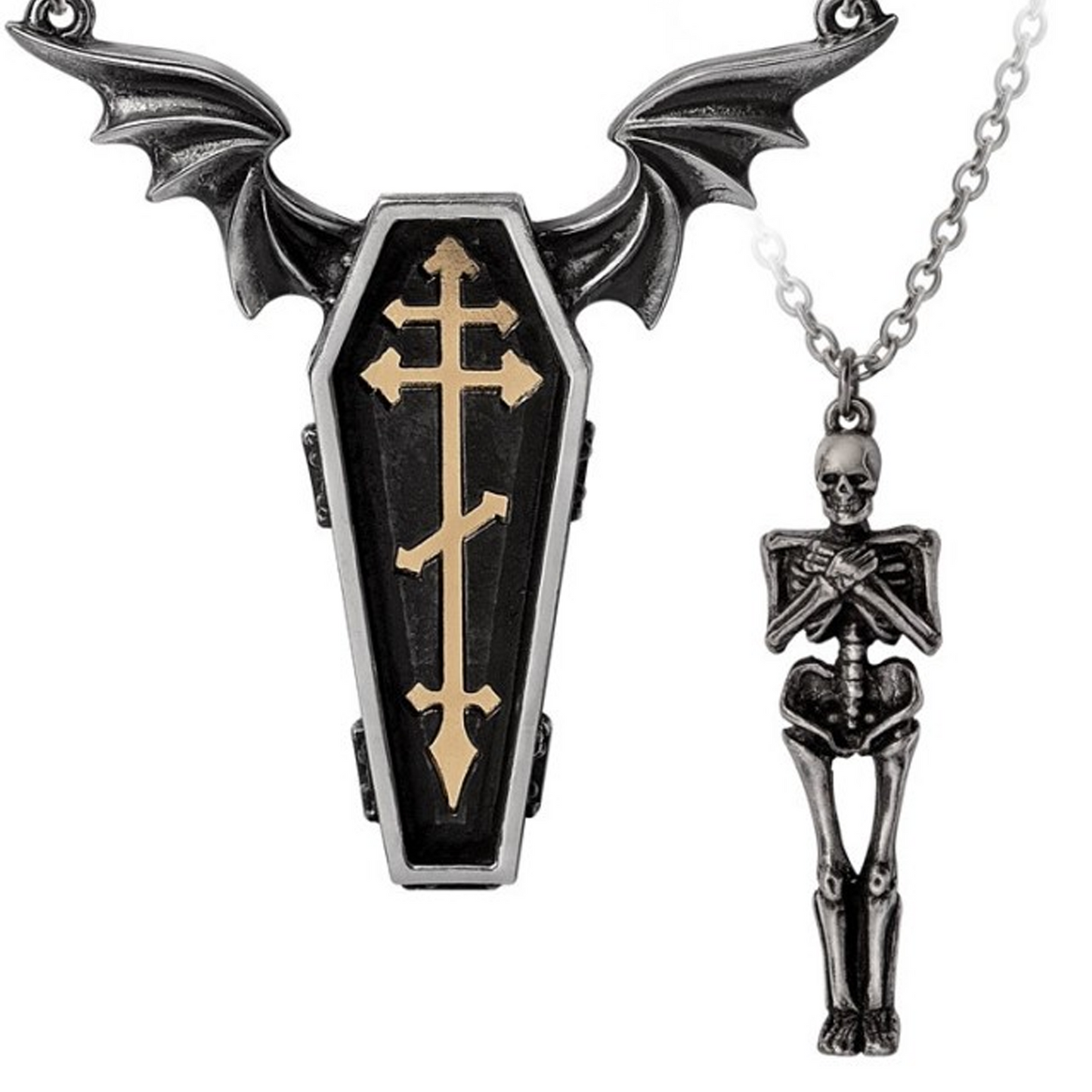 Undying Homage - Skeleton & Winged Coffin Design Necklace With the Coffin and Skeleton Seperated on a White Background | Happy Piranha