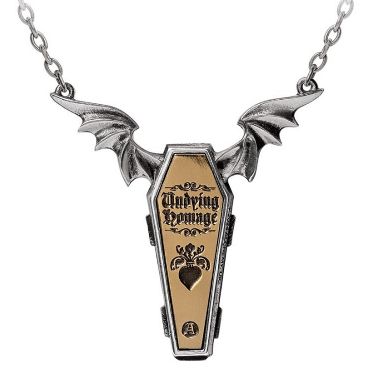 Undying Homage - Skeleton & Winged Coffin Design Necklace - a View of the Back on a White Background | Happy Piranha