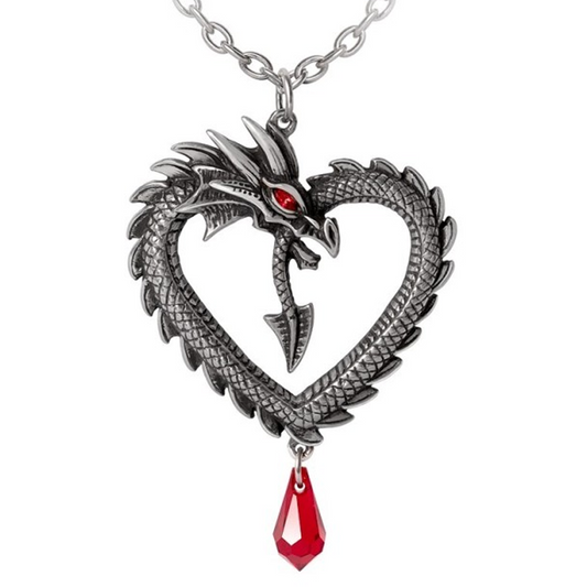 Vouivre - Heart Shaped Dragon Design Pewter & Crystal Necklace Close Up on a White Background | Happy Piranha