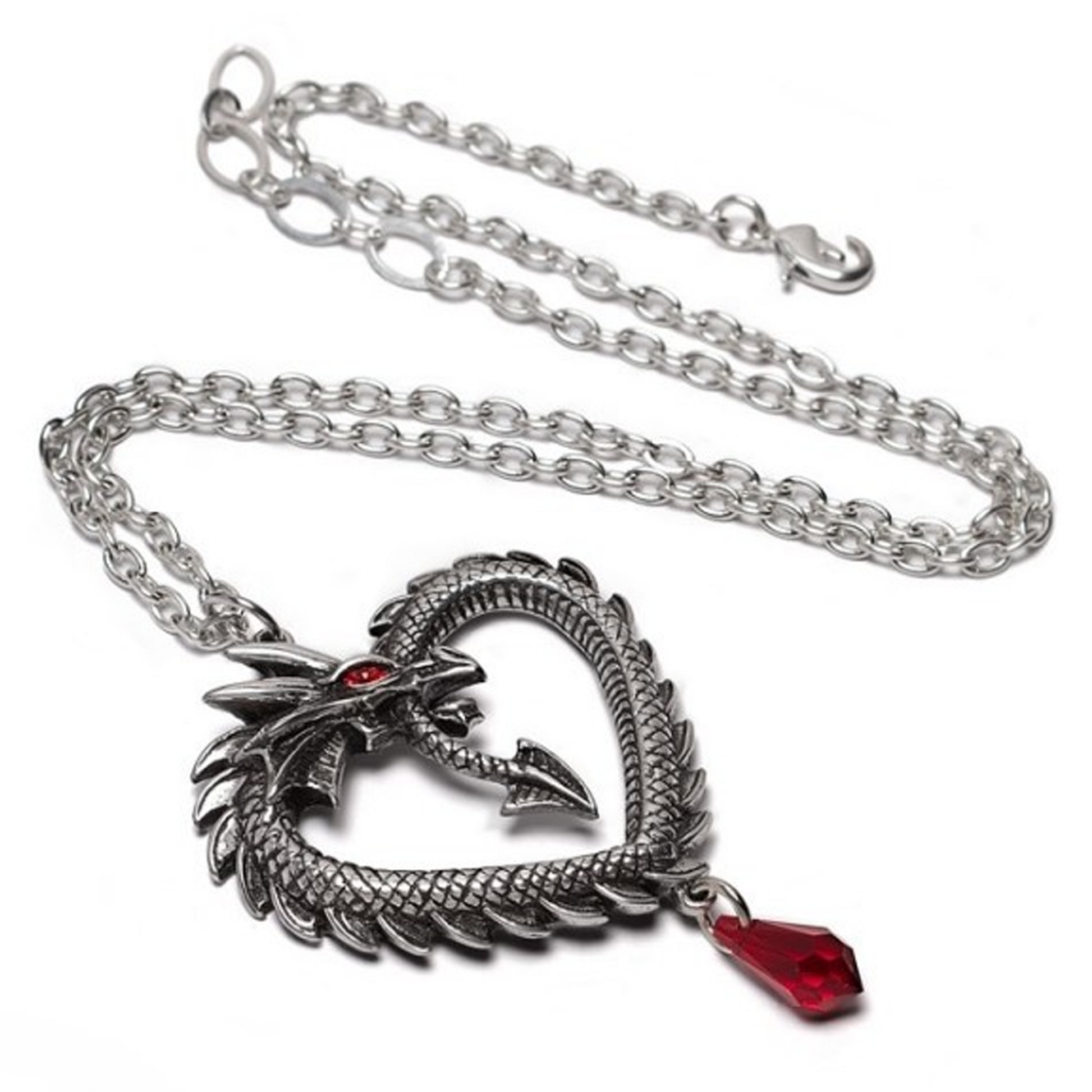 Vouivre - Heart Shaped Dragon Design Pewter & Crystal Necklace Spread Out with tis Chain on a White Background | Happy Piranha